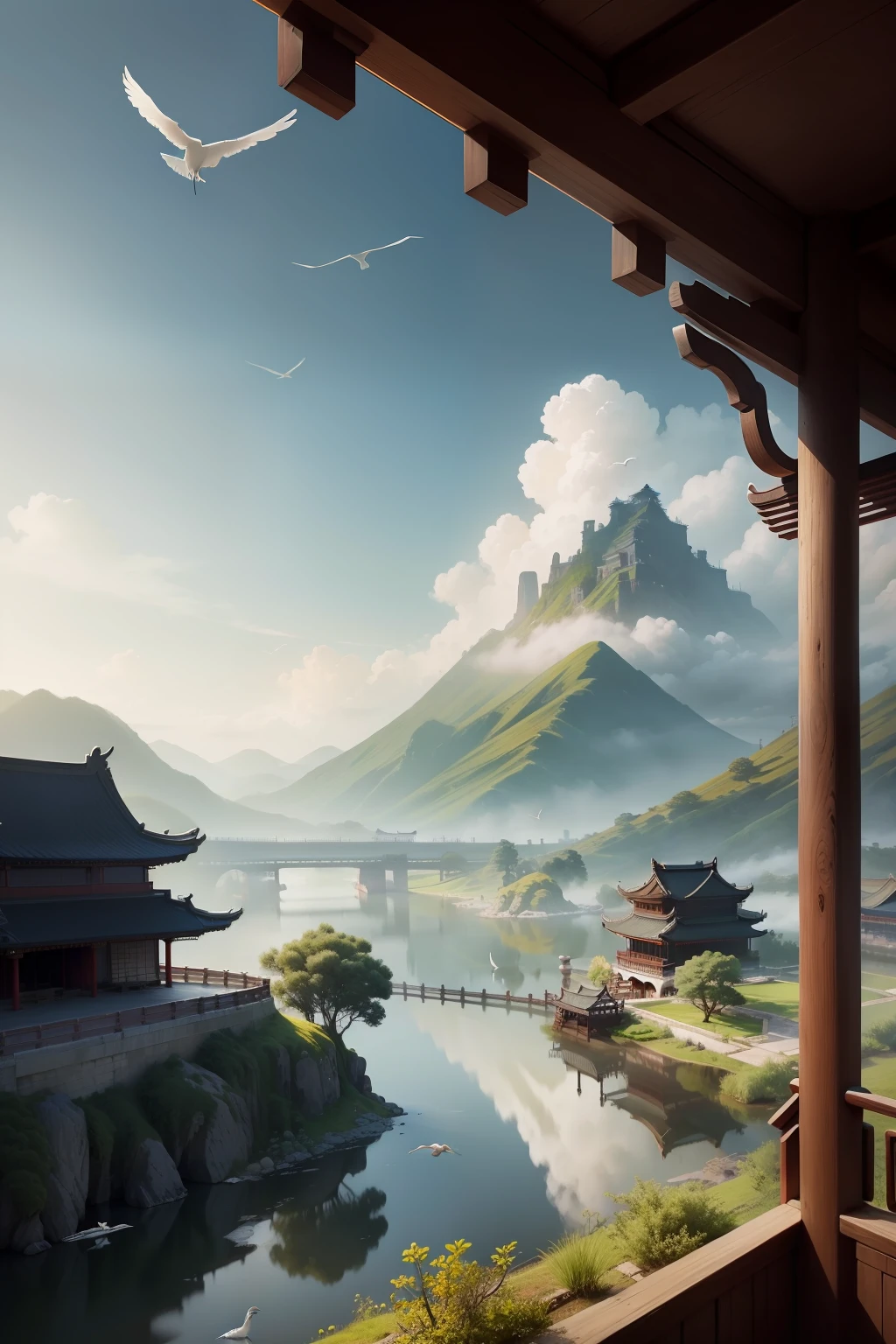 Landscape image, Picture quality HD，Ancient Chinese architecture: cloudy landscape, ink landscape，White cranes flew by。