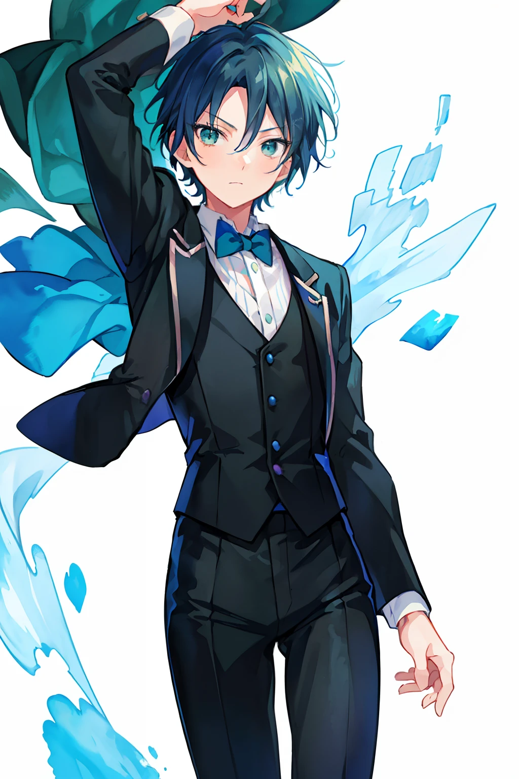 (high-quality, breathtaking),(expressive eyes, perfect face), 1boy, male, solo, short, young boy, short blue hair, green eyes, black european butler suit, ( watercolor \(medium\), thighs up, white background