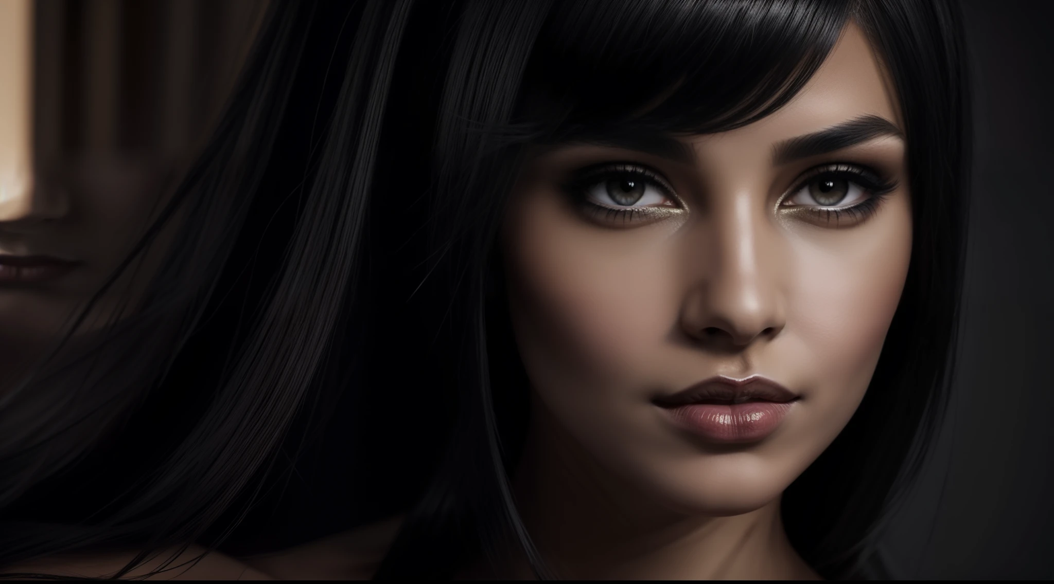 8k, Expect Raw, A beautiful woman, with long black and shiny hair, Cleopatra style, with brown eyes and enveloping, frontal photo, red and seductive lips, imposing woman, confident, a seductive queen, demonstrating what is most real in painting