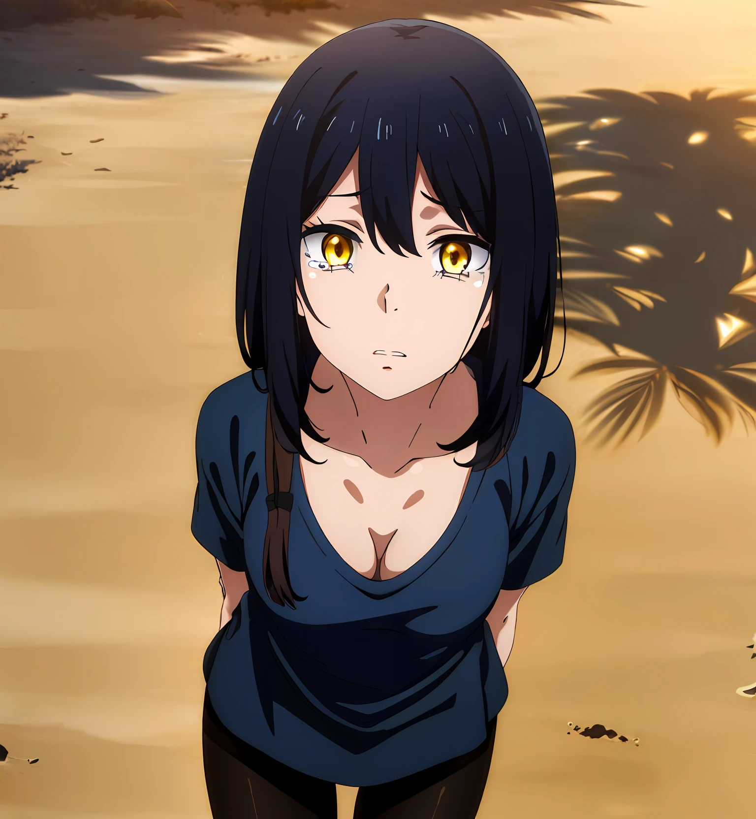 (mieruko:1.3), a photo of 1girl,black pantyhose, sunny beach, hdr shadows, big yellow eyes,(blue shirt:1.2), detailed eyes, anime style eyes, eyes, 8k, crying.