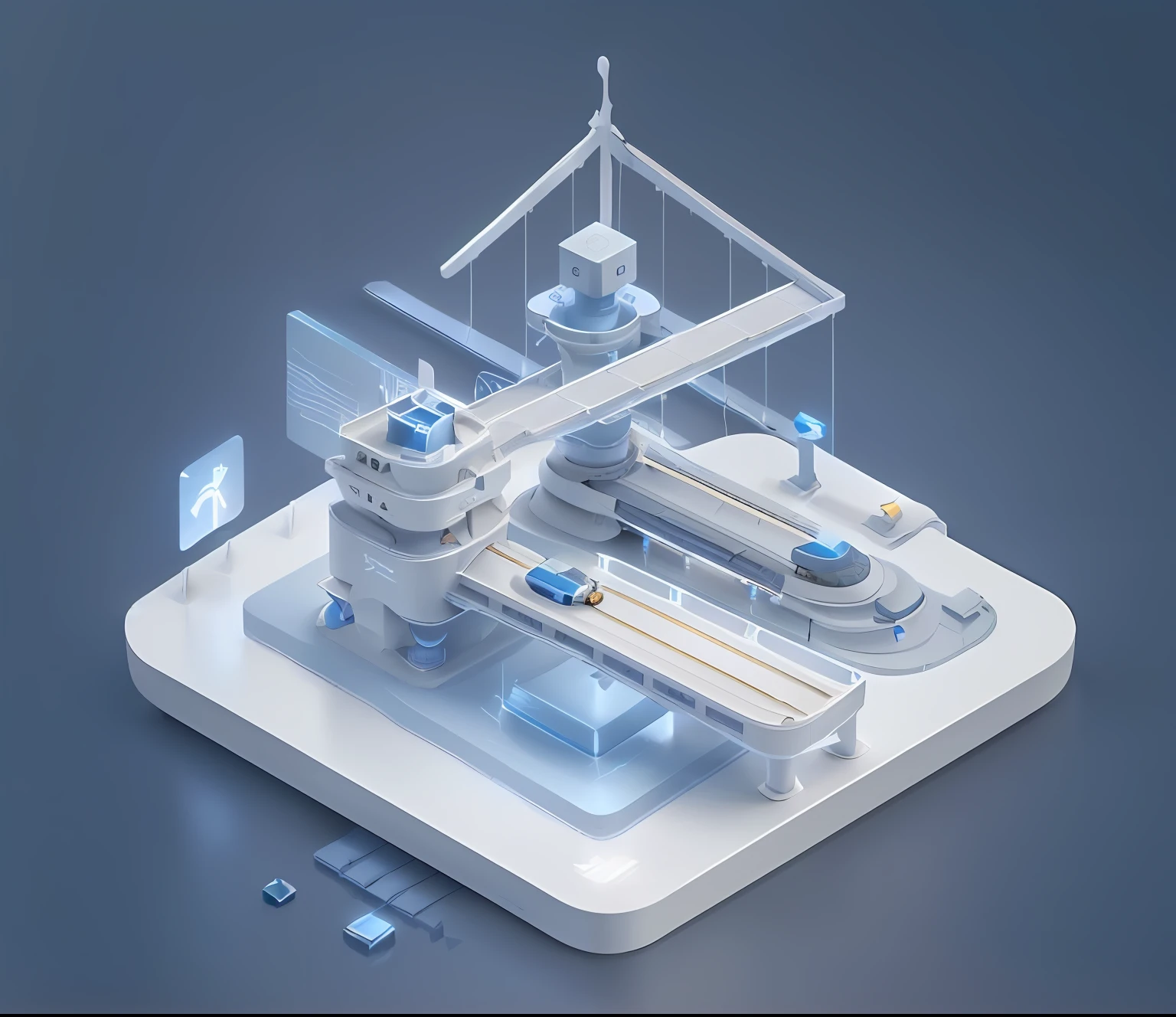 A bridge icon, Very long, Light blue-grey and Blue, frosted, 3d art, octane rendering, Technology Base, ux, ui, made in figma, adobe xd, sketch, industrial design, volumatric light, reduce details, c4d, blender --ar 1:1 --q 2 --niji 5