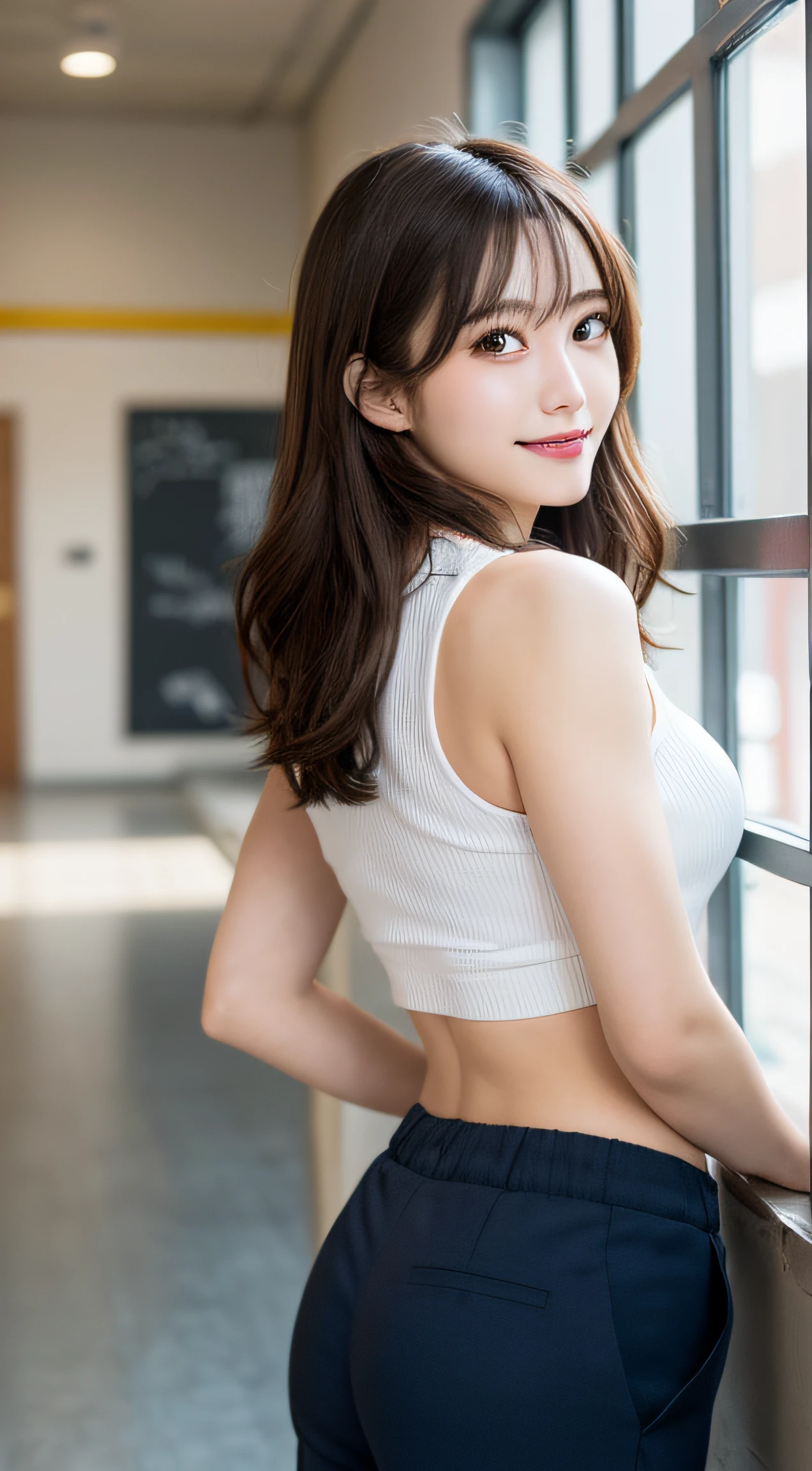 masutepiece, Best Quality, Illustration, Ultra-detailed, finely detail, hight resolution, 8K Wallpapers, Perfect dynamic composition, Beautiful detailed eyes, Medium Hair, mid-chest, Natural Color Lip, Random and sexy poses, Smile, uniformss, Gymnasium, inside in room, shortpants, Tight abs, blurry backround