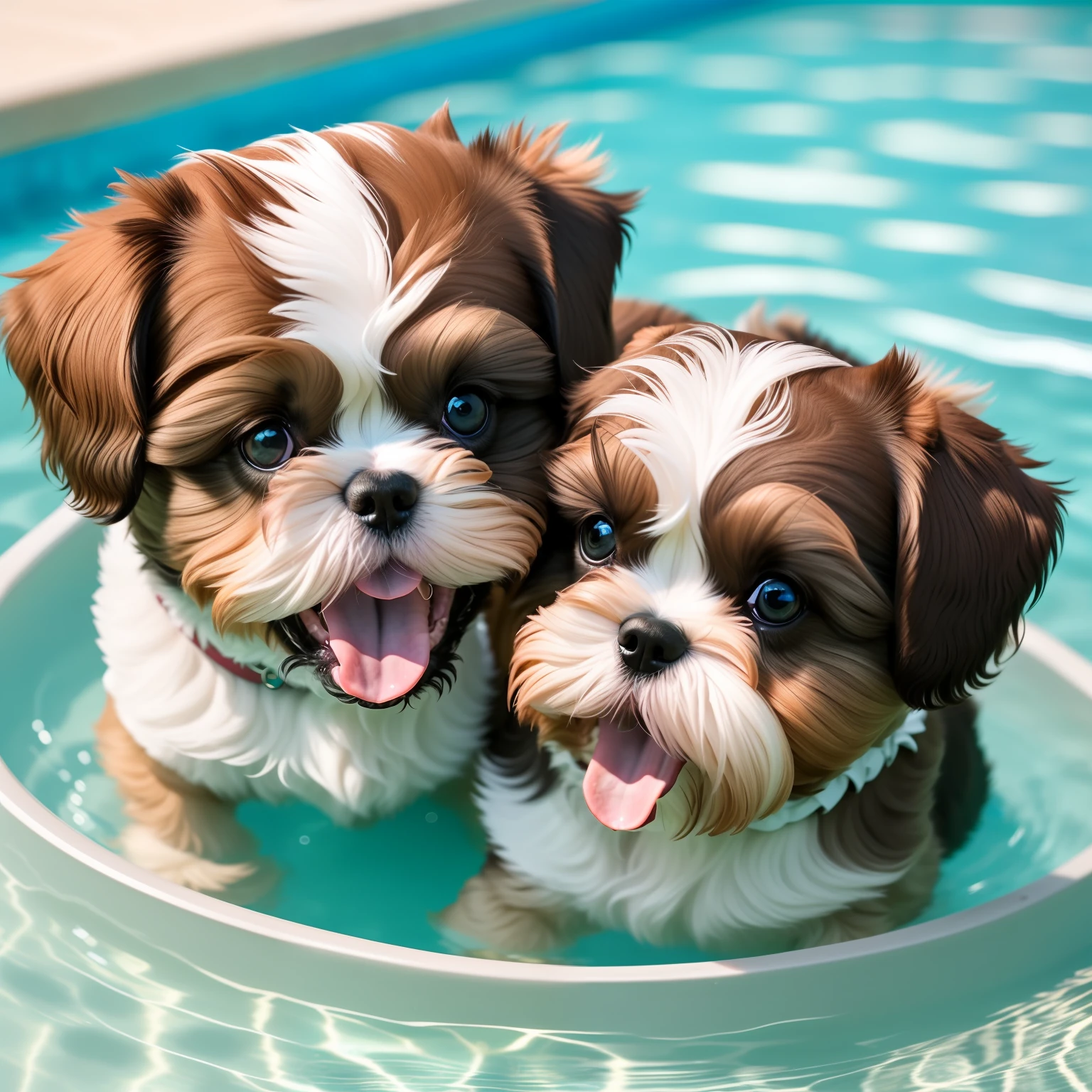 hyper Quality,Cute two Shih Tzu puppies,different body colors,swimming in the pool,smile,black eyes,barking,narrow eyes,smile,eos r3 28mm