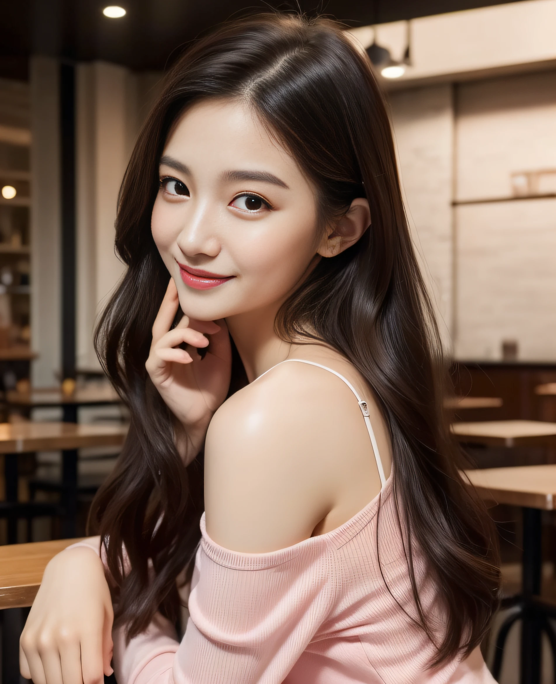 ((best quality, 8K, masterpiece: 1.3)), beautiful girl, pure, melon face, kind and cute, sweet smile, pure desire, slender body, (front), (tilted head), ((looking at camera) ), wearing a pink suit, black silky medium hair, long flowing shoulders, round black big eyes, clear big eyes, moist red lips, sweet, sitting in a cafe, cafe background , (((whole body))),