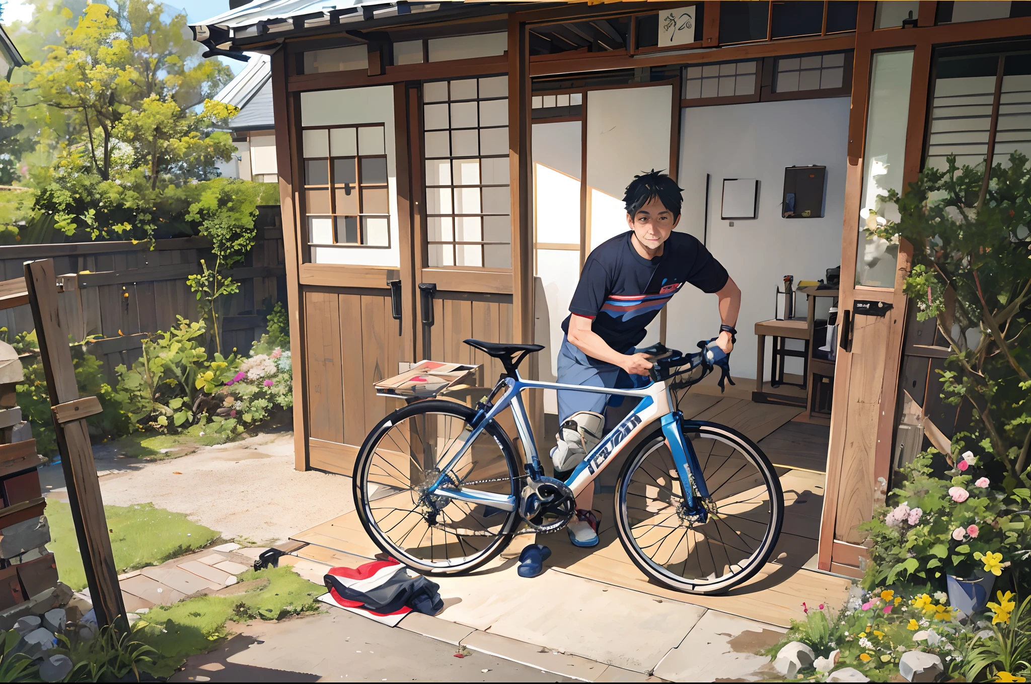 masterpiece, photo level, japanese man 55 years old, old skin, building disassembled mtb bicycle , 4 mtb bicycles , inside of garden, mechanic, end of summer season, ultra detailed mtb bicycle,