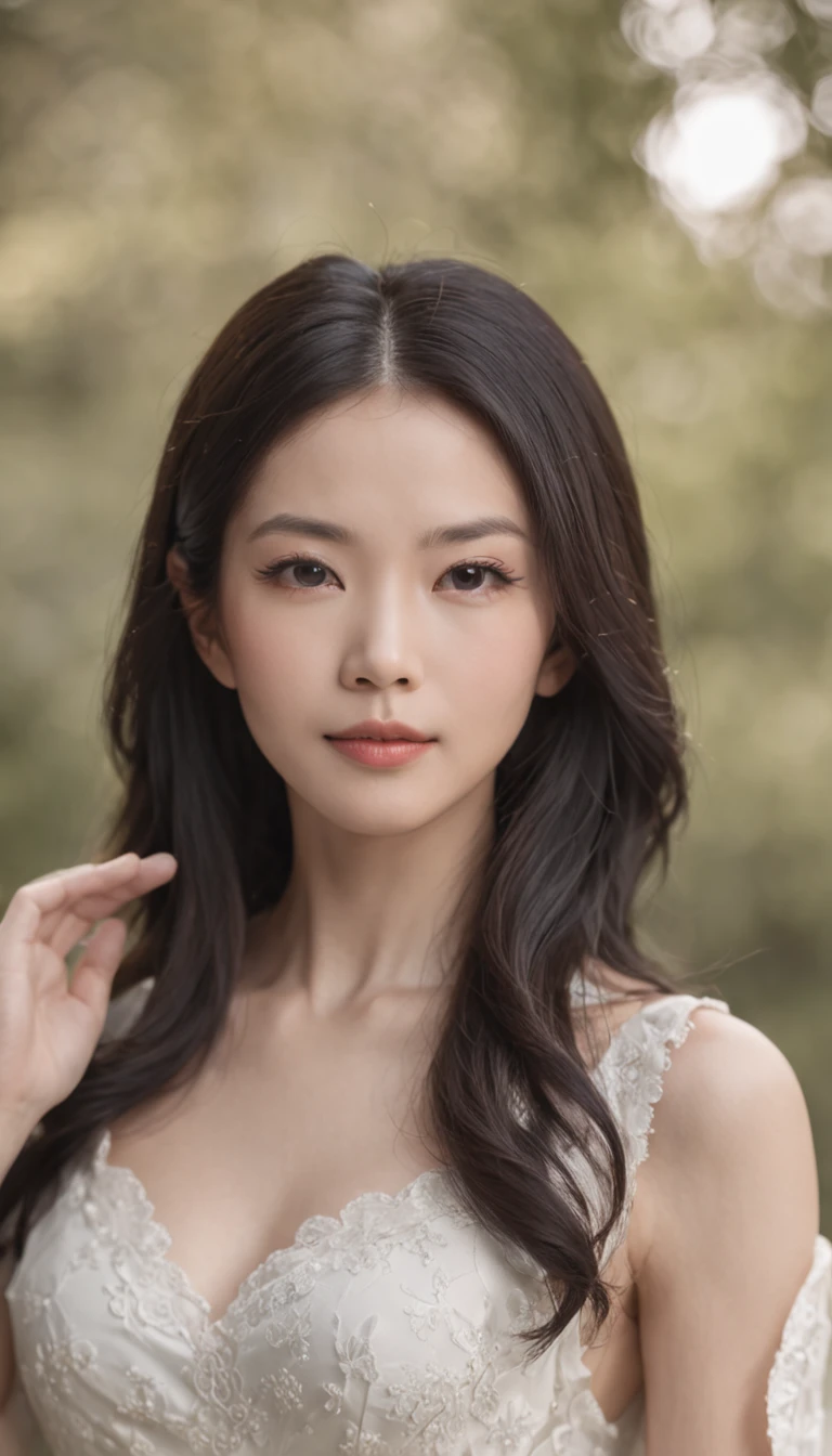 40s year old,A Japanese lady,Black medium hair,White dress,Photos realistic, Black medium long hair, Expressive and eye-catching dark eyes, Exquisite features, defined cheekbones, soft, Rounded chin. Brightened skin in natural tones,,, Healthy, radiant appearance, 1.68 to 1.70 meters high, Slim and athletic, Soft curves. Elegant and sexy dress, Elegant and modern style, Formal and sophisticated attire.masutepiece.