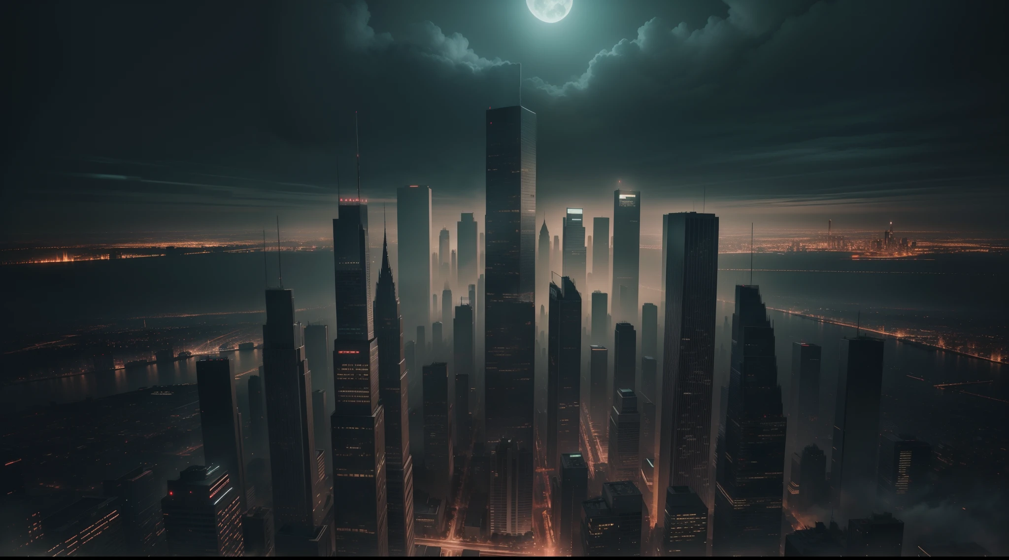 {A photorealistic depiction} of a creepy cityscape, captured in a wallpaper-worthy composition. The scene showcases a city at night with dimly lit streets, tall buildings, and an eerie atmosphere. The art style should emphasize the realistic rendering of the city's elements, textures, and the unsettling mood, creating an immersive and captivating scene. The camera angle captures the city in a wide shot, highlighting the tall buildings and the haunting ambiance. The lighting is a mix of ambient city lights, streetlights, and moonlight, enhancing the mysterious and creepy atmosphere. The image's resolution should be 4K to showcase the intricate details of the spooky cityscape and the captivating mood.