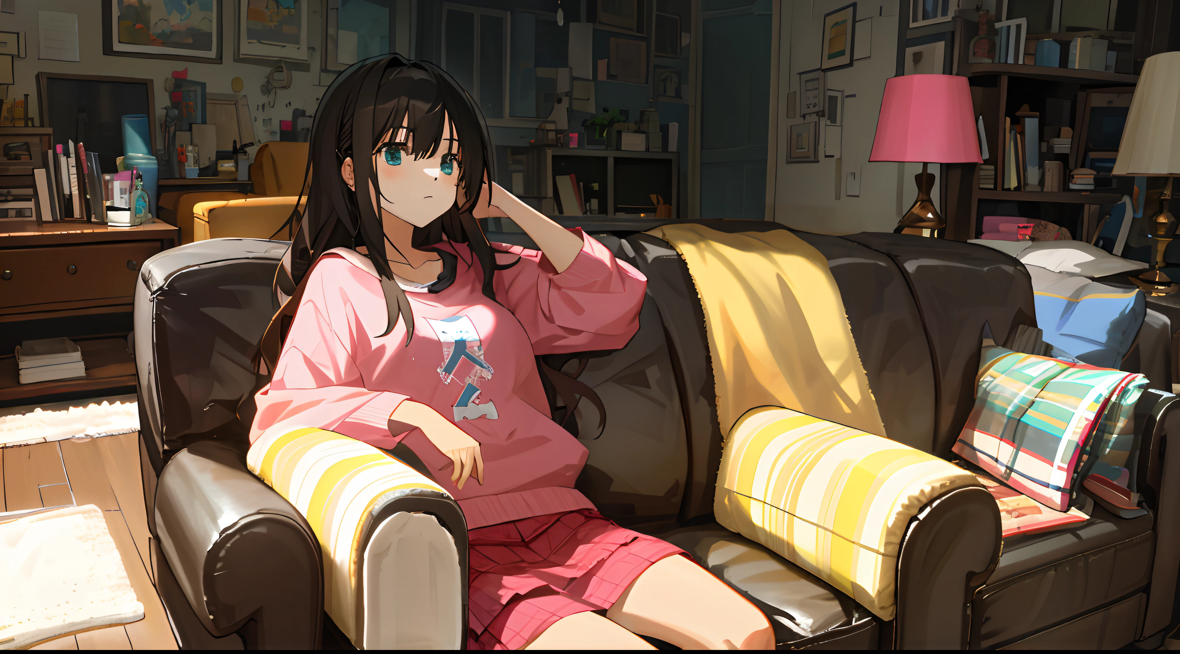 A casual girl sits in a cluttered room(sit single sofa)Upp(pondering)。(Expression distressed)