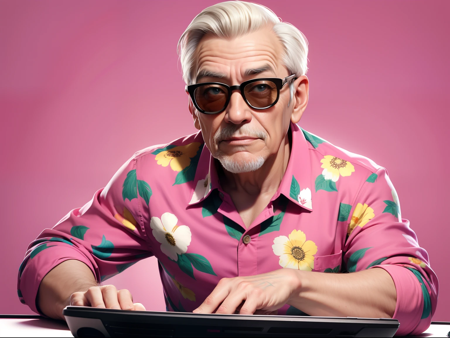 colorful old man is using computer, wrinkled skin, wearing sunglasses, masterpiece, (((simple background))), colorful, wearing colorful floral patterned shirt, overbearing face, pink shirt