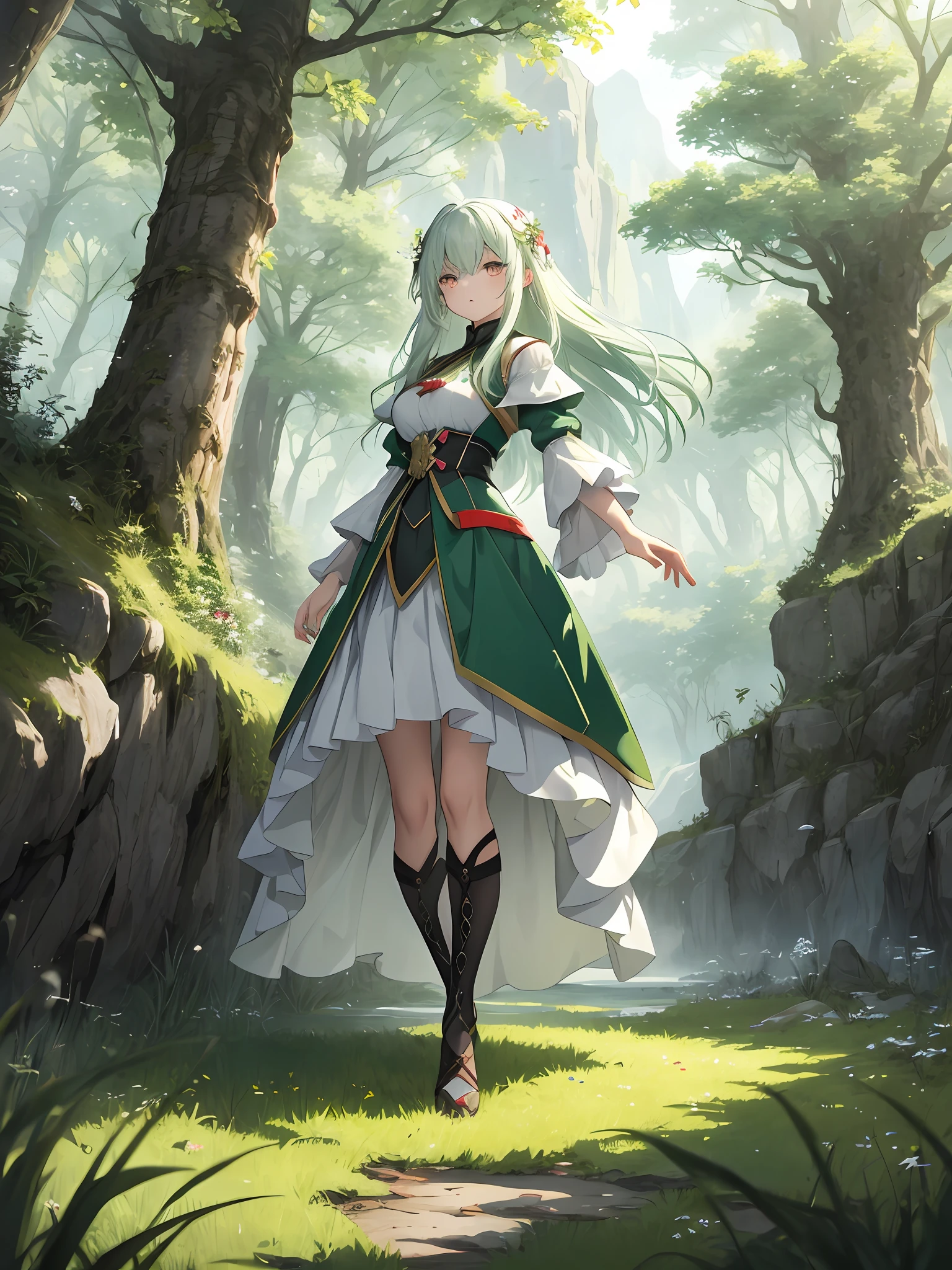 For green meadows、White-haired red-eyed girl leading a group of knights stands。 Break with a brave look、Guide them to their destination。 Break Behind her is a green forest.、Beyond that is a mountain in the distance々towers over。 Break the most suitable effect for this scene is、It is a watercolor technique to capture the softness of the meadow and the fluidity of movement.。