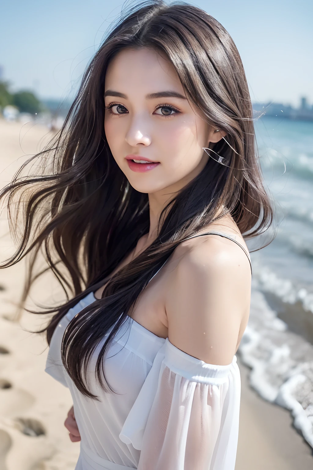 Highest quality、Japanese women、The most beautiful woman in the world、sexy、Long Hair Style、Small face、Beautiful skin、Ocean、beach、Large breasts、Realistic、世界一sexyなポーズ、世界一sexyな表情、Black Swimsuit