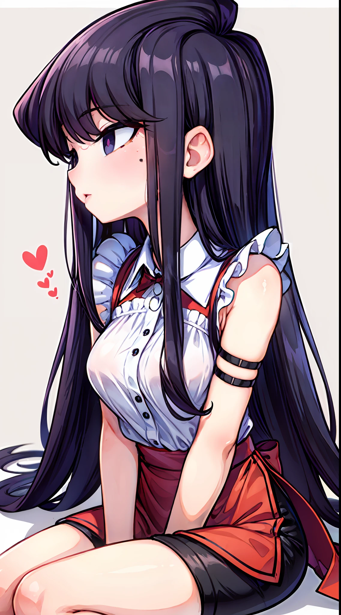 komi shouko,（A white border around a red rectangular background：2.5)，Stockings，Lace collar，revealing her belly，Shoulder strap stockings look up，Sitting down，Side view，D-cups，Slim figure，Ultra shorts，Black silk lining，ahegao face，White apron，High detail,Moles under eyes, Heart-shaped pupils，Love pupils，cropped shoulders，Lots of hearts，Fleshy thighs,highly rendered，detailed face with