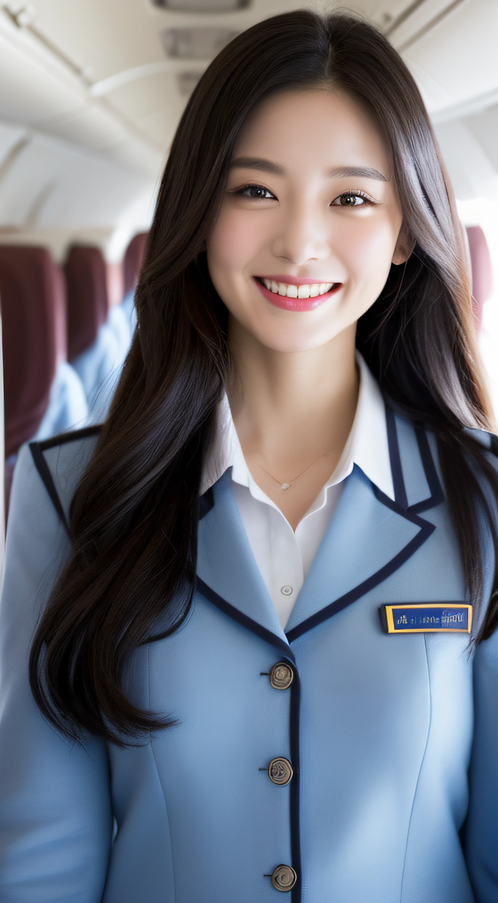 highest quality, masterpiece, 8K, ultra high resolution, (realistic: 1.4), 1 girl, beautiful face, symmetrical eyes, big, perfect body proportions, Stewardess, Viewer&#39;s line of sight, (On the plane: 1.2), beautiful feet,smile