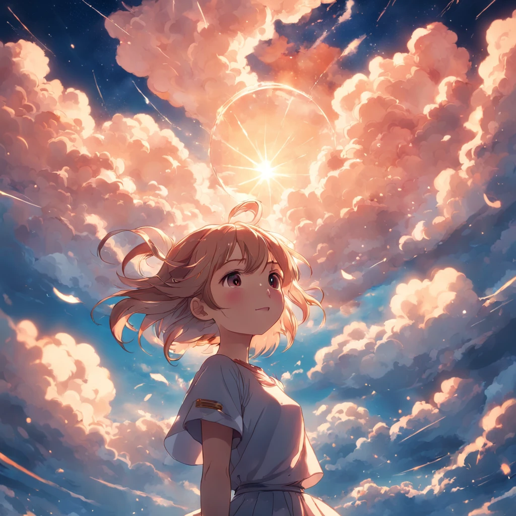 masterpiece, best quality, movie still, 1girl, cloud girl, floating in the sky, close-up, bright, happy, warm soft lighting, sunset, (sparks:0.7)