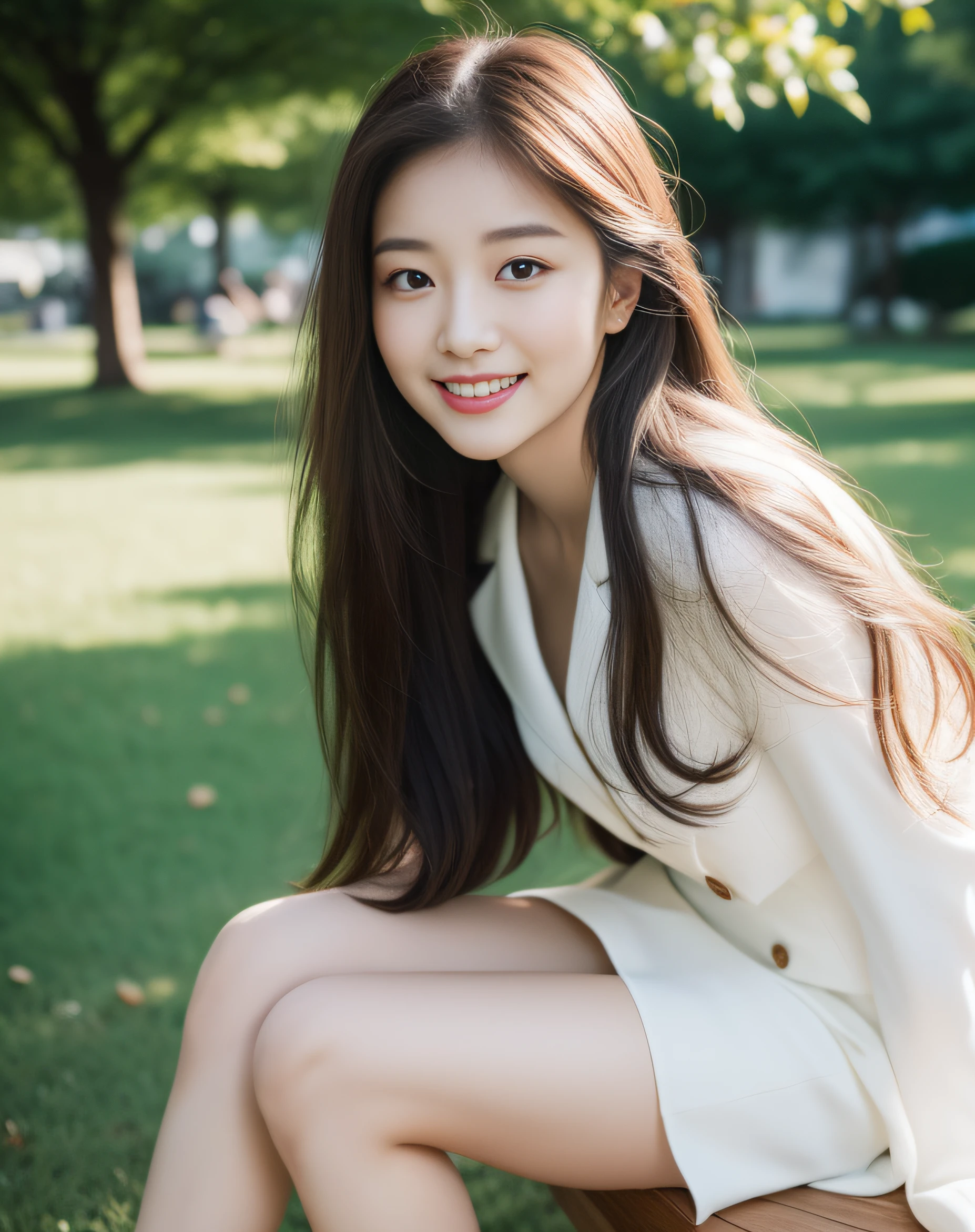 ((best quality, 8K, masterpiece: 1.3)), beautiful girl, pure, melon face, kind and cute, sweet smile, pure desire, slender body, (front), (tilted head), ((looking at camera) ), wearing a white suit, black silky long hair, long flowing shoulders, round black big eyes, clear big eyes, moist red lips, sweet, sitting on a chair, park background , (((whole body))),