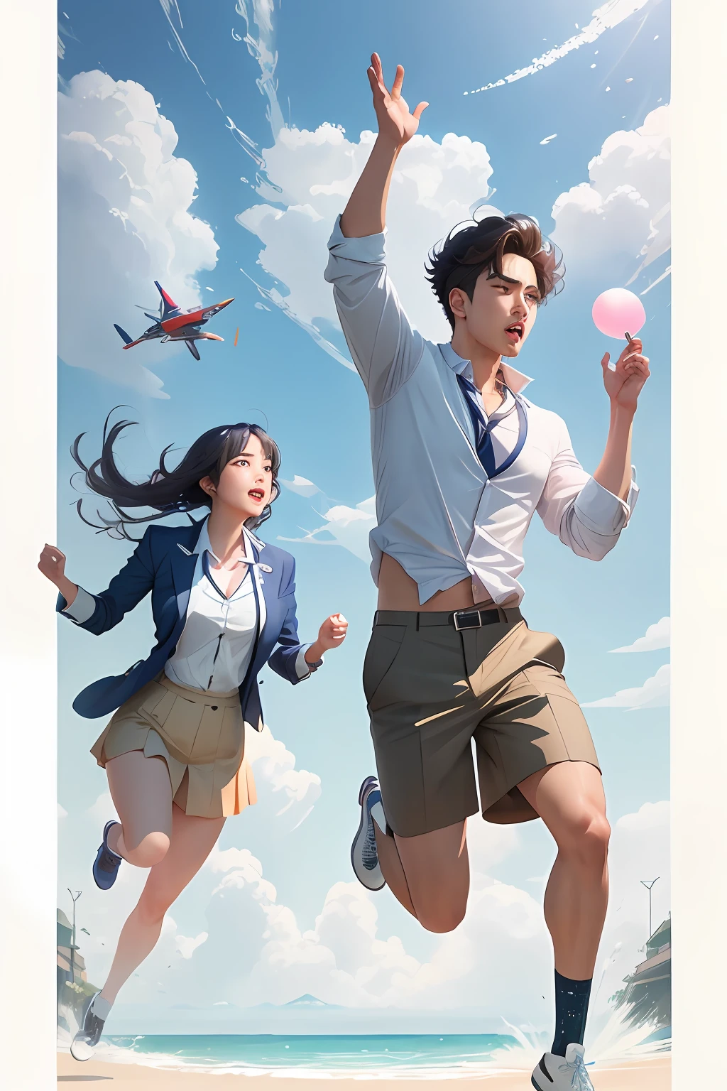 Preppy style，Anime poster for men and women jumping，Promotional rendering，Promotional images，The latest CGSTATION trend，movie promotional art，8K cartoon illustration，Stunning 4D effect，Vivid 6K quality，From the creation of Ni Yuanlu，The wonderful cooperation between Ruan Jia and Fenghua Zhong。
