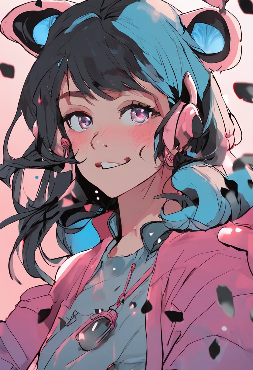 Black hair, hair bubbles, flinch, long eyelashes, hard circle eyes, fake animal ears, light smile, ear blush, fang, surrealism, flowing shade, pattern, holographic drawing, tashi e, pov, aerial perspective, 8k, super detail, accurate, best quality