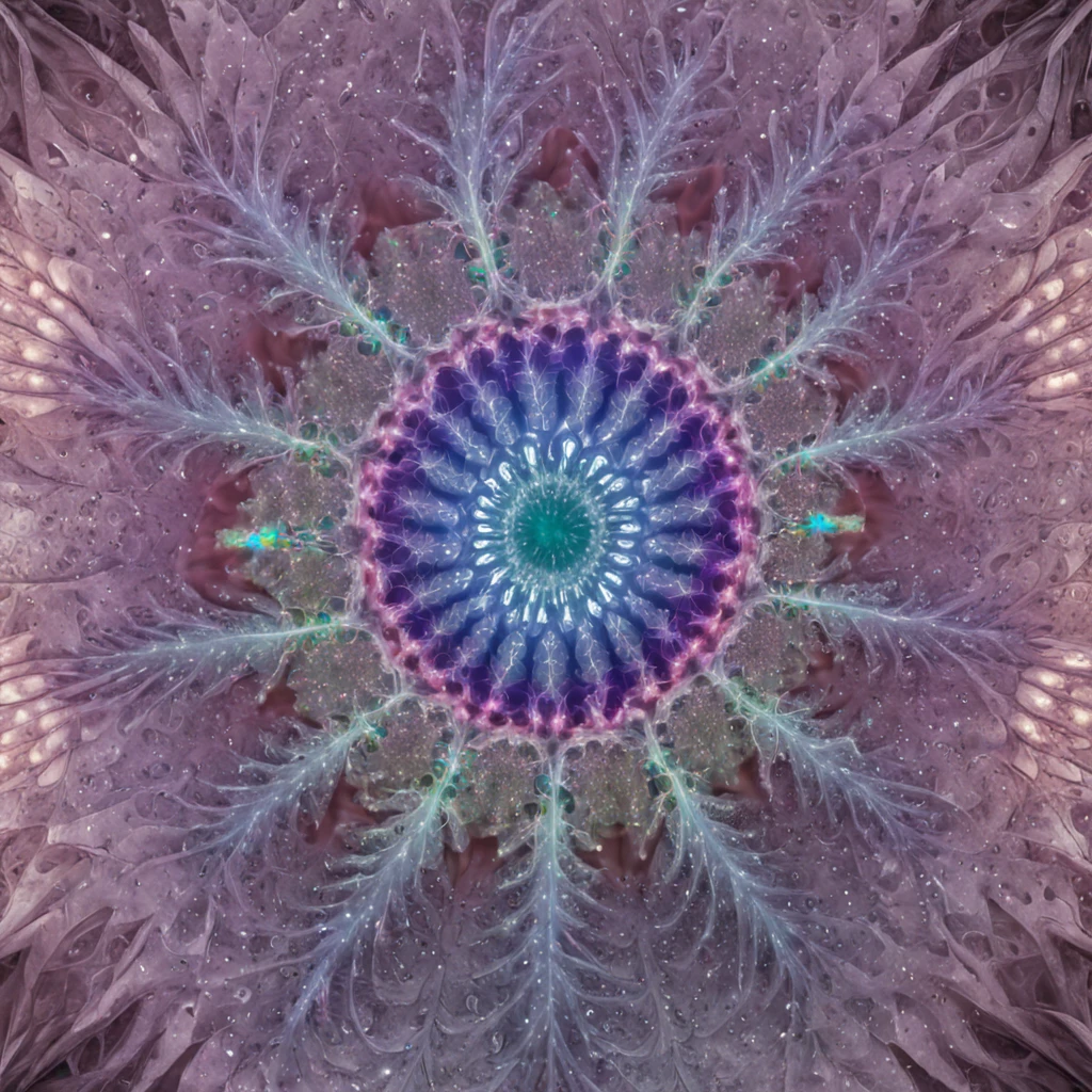 Huge crystal space station, Glowing marsupial alien silhouette, of all colors, Fractal spiral pattern, Float in bright colors, Apply crayons on white concrete walls