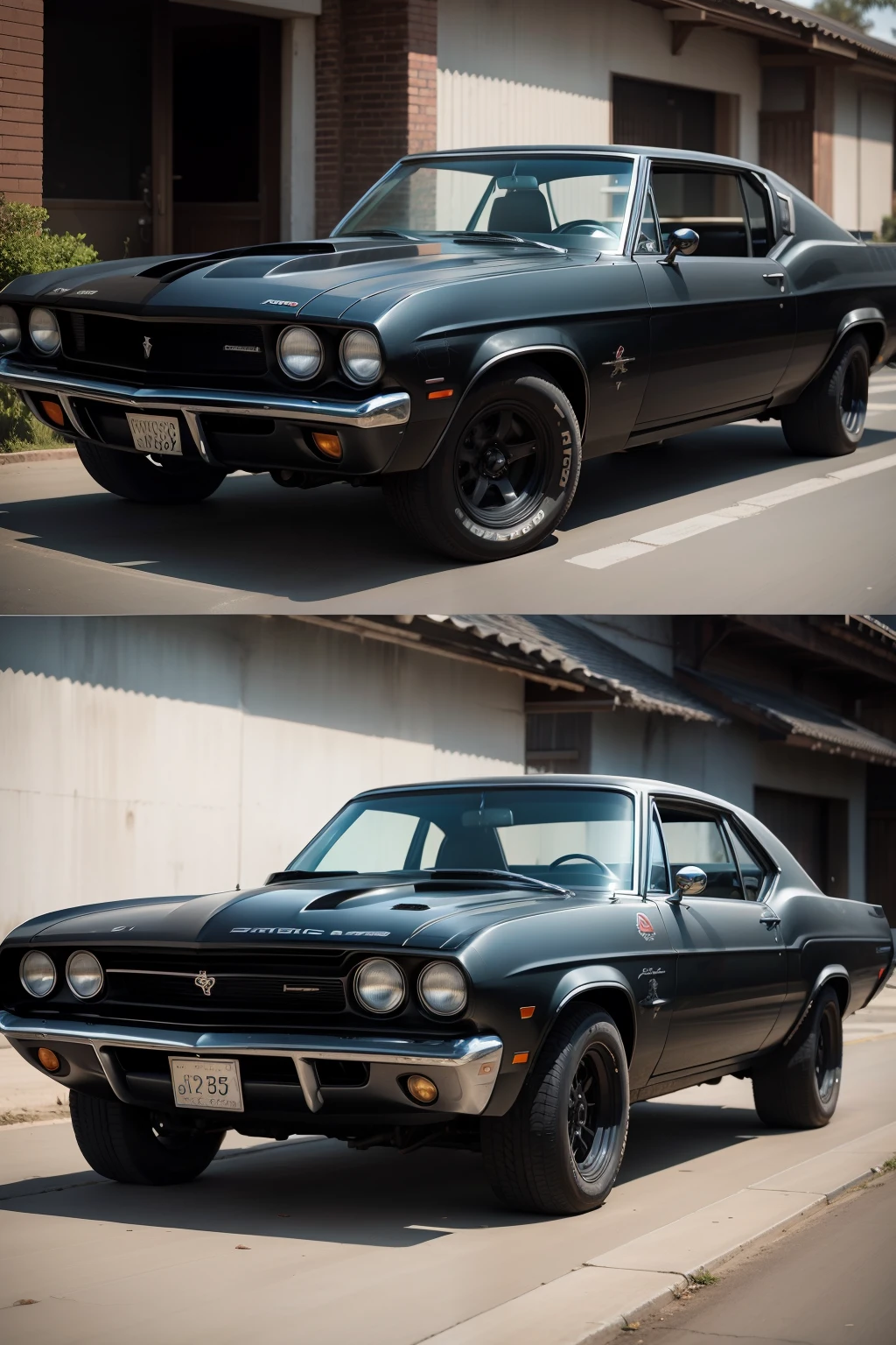 There is an old black Santana in the style of an American muscle car