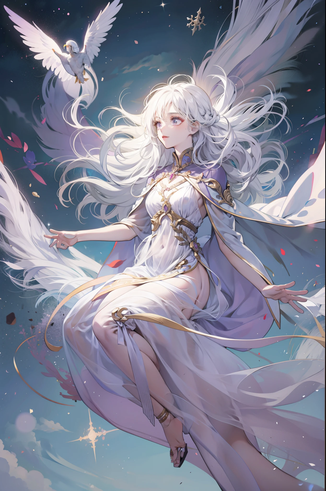 A goddess flying down from the sky，Long silver-white hair，Purple eye，Light，The clothes of the goddess