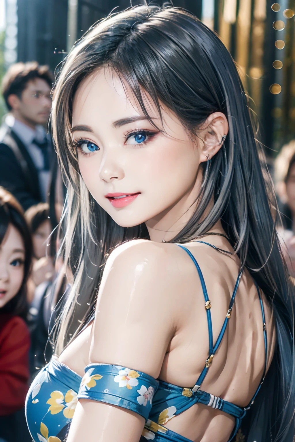 8K picture quality、top-quality、masutepiece、An ultra-high picture quality、ultra-detailliert、Ultra-realistic hair quality、Vibrant colors、Beautuful Women、Beautiful long hair、Shiny hair、detailed hairs、blue hairs、poneyTail、Blue eyes、shinny skin、Lace underwear、Very gigantic-breasts、Sweat on the forehead and cheeks、extremely big ass、Fluffy off-shoulder yukata、A smile、soft pink lips、Ultra-realistic flesh feeling、Red cheeks、summer festival in background