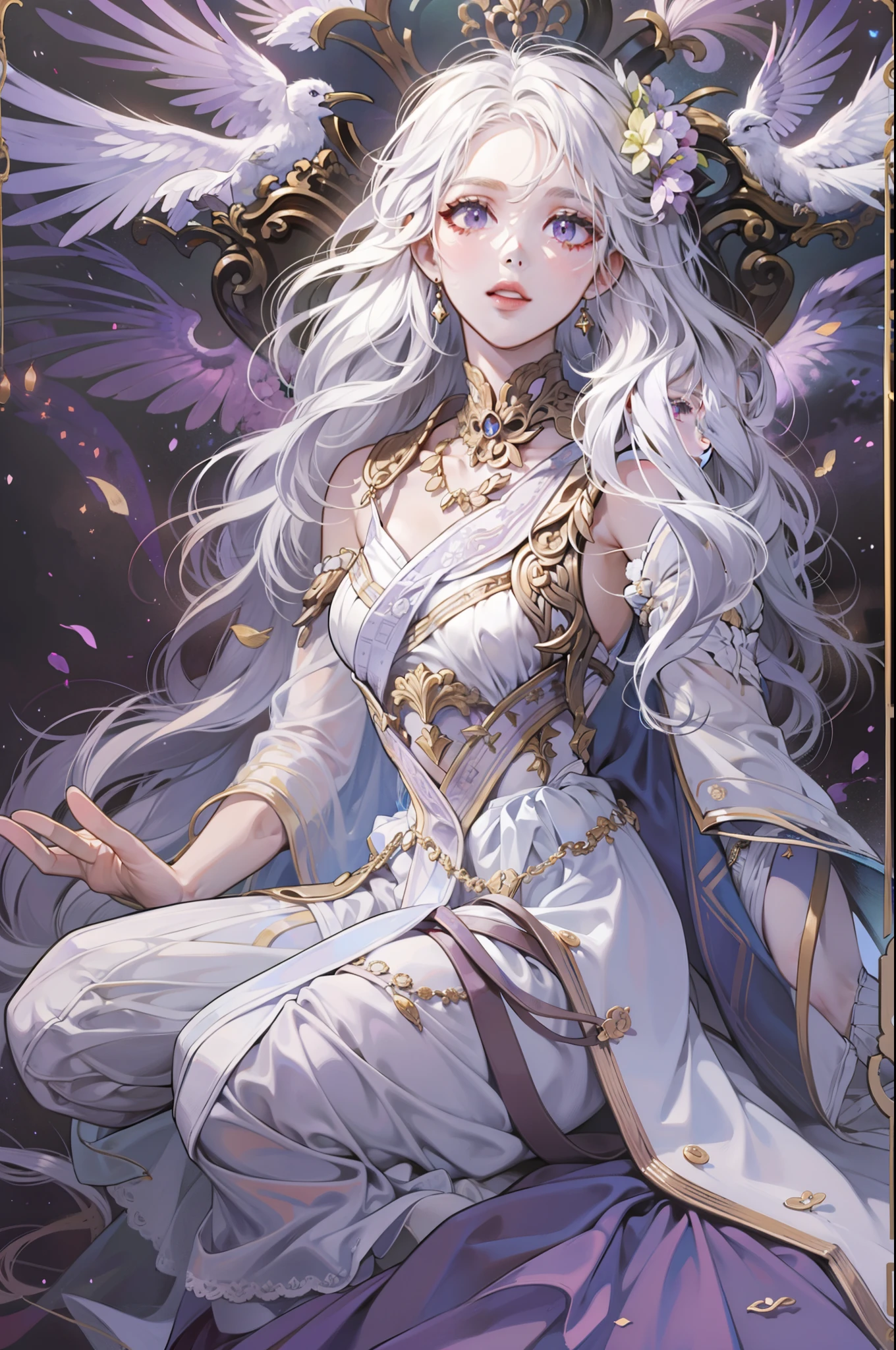 A goddess flying down from the sky,Long silver-white hair,Purple eye,Light,The clothes of the goddess