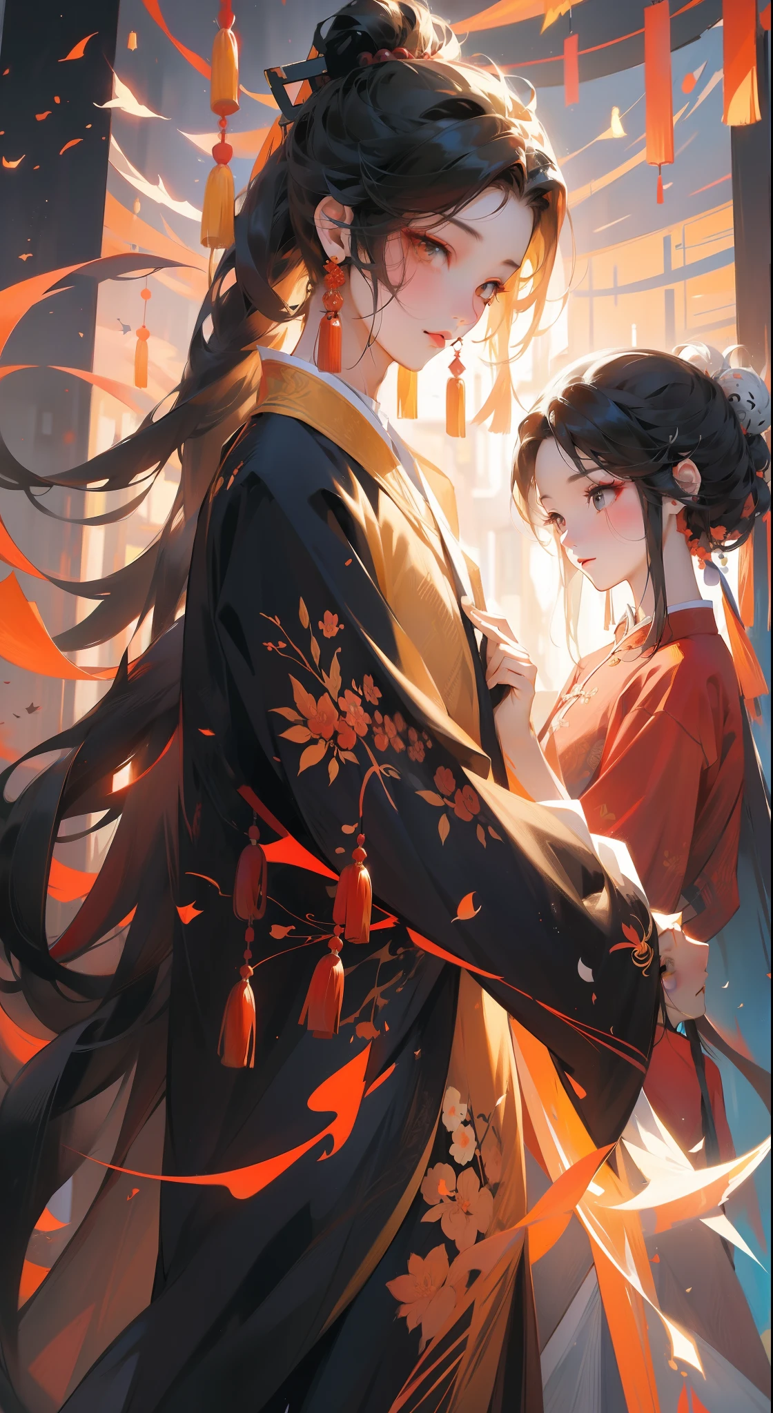 A Chinese couple,Tanabata, magpie, Chinese landscape, abstract paintings, Zen,Amy Sol style, With a cover art of light abstraction,Simple vector art, Contemporary Chinese art, Gradient of color, Soft color palette ,layered forms, Whimsical animation, Style Ethereal abstract --q2