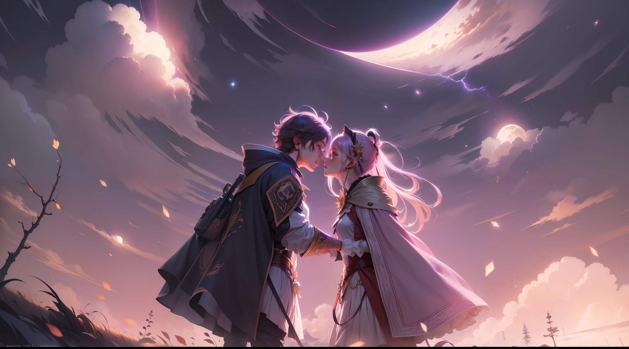 Expansive photos，（look from down，Above is the sky，Below are open fields），[(Anime images of men and women)+(Kiss together cutely in the wind)]，（moon full：0.9），（meteors：0.9），（Starcloud：1.3），Far Mountain, Tree BREAK making art，（Warm light source：1.2），Lots of purple and orange，Complicated details，Volumetric lighting BREAK（tmasterpiece：1.2），（best qualtiy），4k，ultra - detailed，（dynamic compositions：1.4），detail-rich，plethora of colors，（with light glowing，Atmospheric lighting），dream magical，magical。