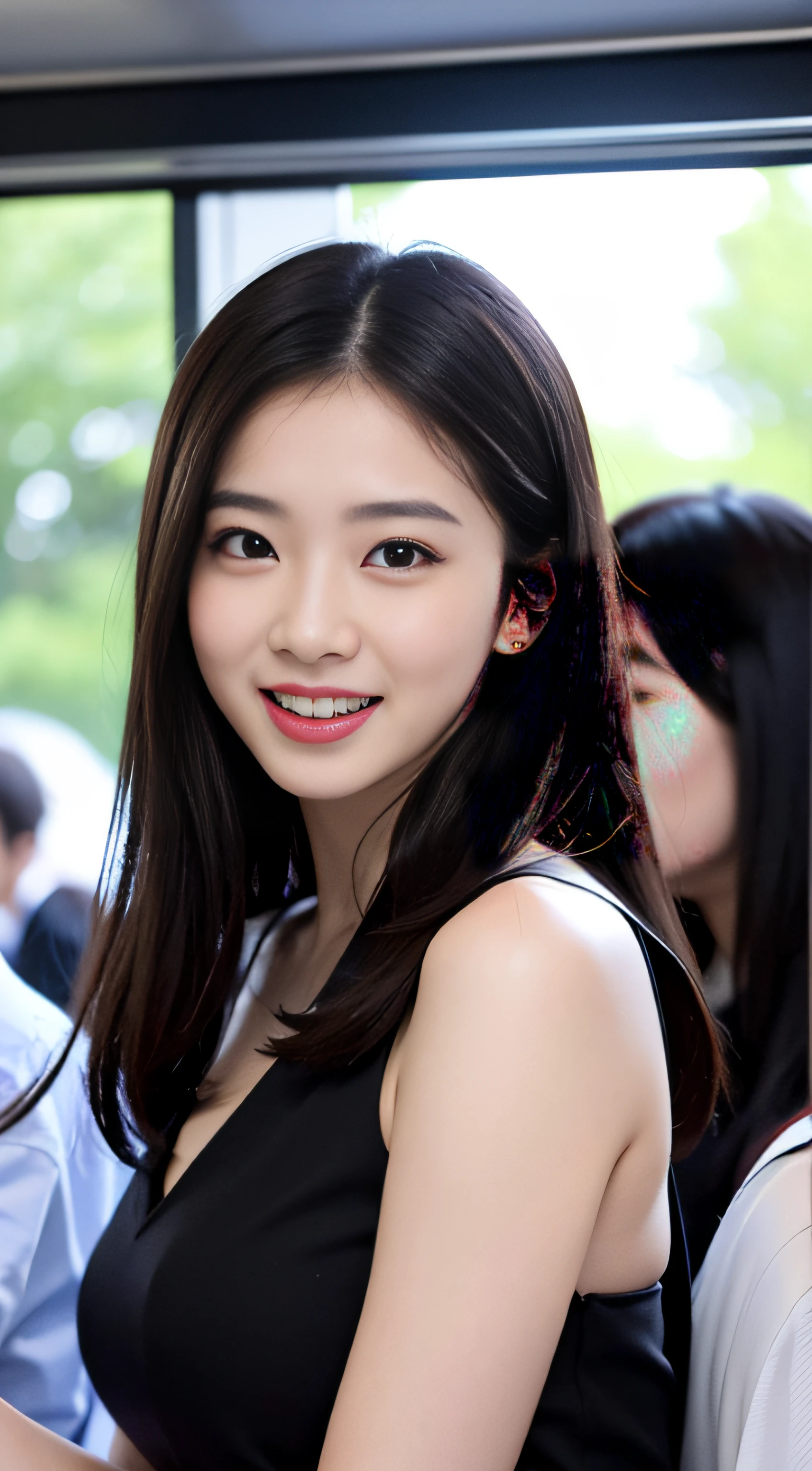 top-quality, masterpiece, 8K, 超A high resolution, (Photorealsitic:1.4), 1girl in、beautiful countenance、symmetrical eye、huge tit、Perfect body proportion、a secretary、Look at viewers、(Crowds、train:1.2)、front-facing view、Shoulder、Absolute Area(1.3)、laught