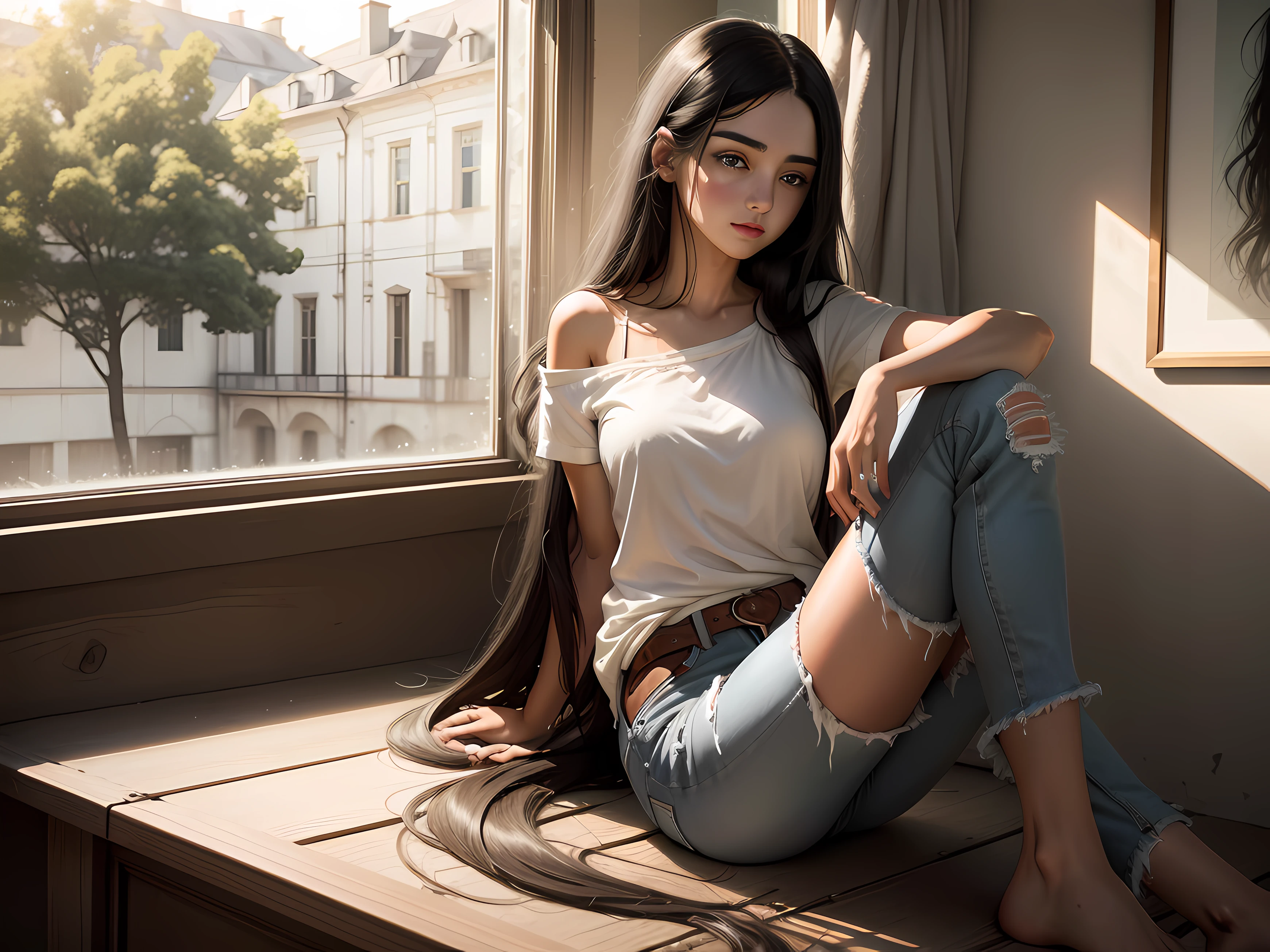 Hyper-realistic a young and beautiful girl，Wearing loose white short sleeves and loose jeans, the European face is delicate, ，Long black hair messy and scattered Sitting sideways on the windowsill，Two legs on one side, Heavy traffic outside, There is a gentle sun spilling in, Picture quality 4K