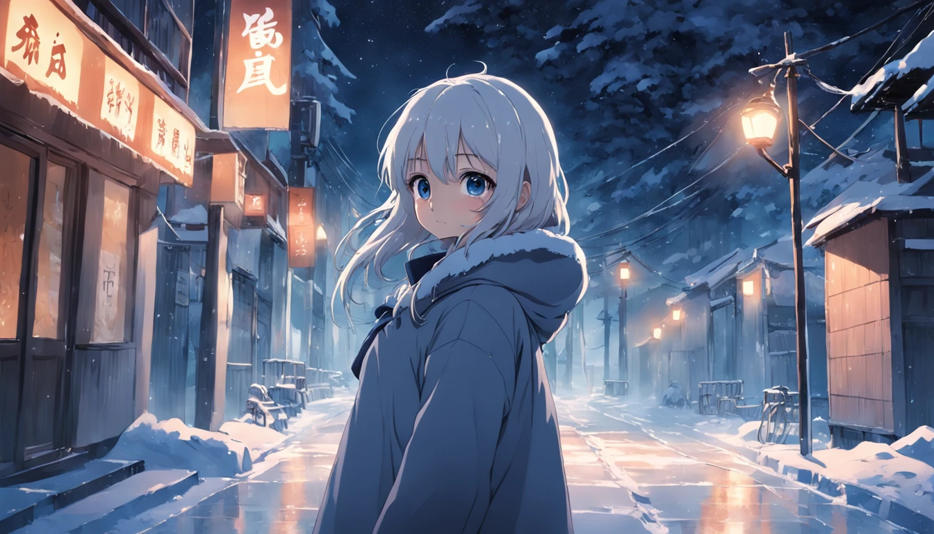 anime girl, 1girl, snowy winter night, faraway shot, looking at camera