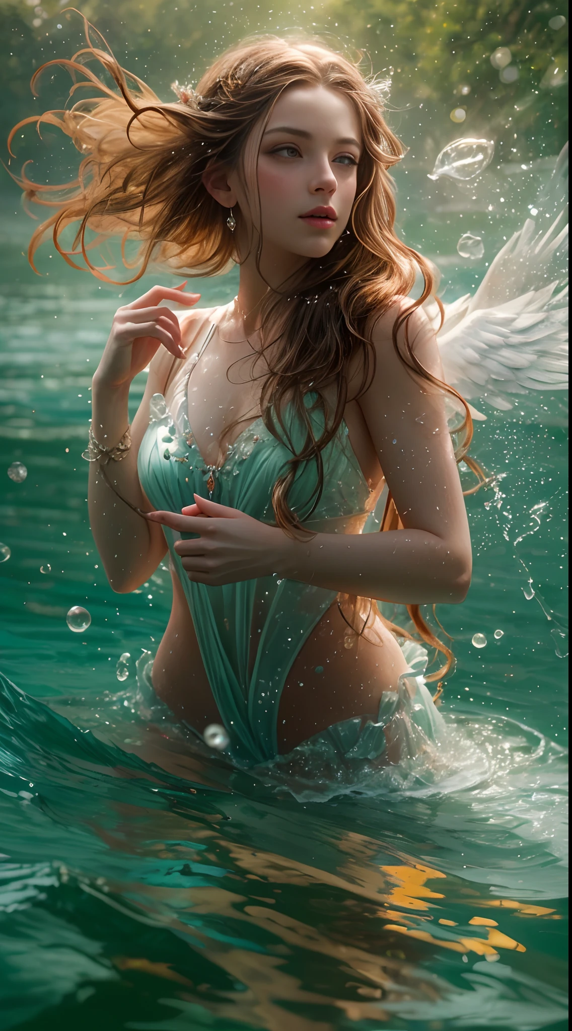 Retrato de cuerpo completo ,Una sirena nadando bajo el agua. Digital illustration, Hermoso cabello rubio largo y rostro angelical, 16k, Renderizado de ultra alta calidad,fantastical realism, Bokeh, Ultra detallado, Antecedentes detallados