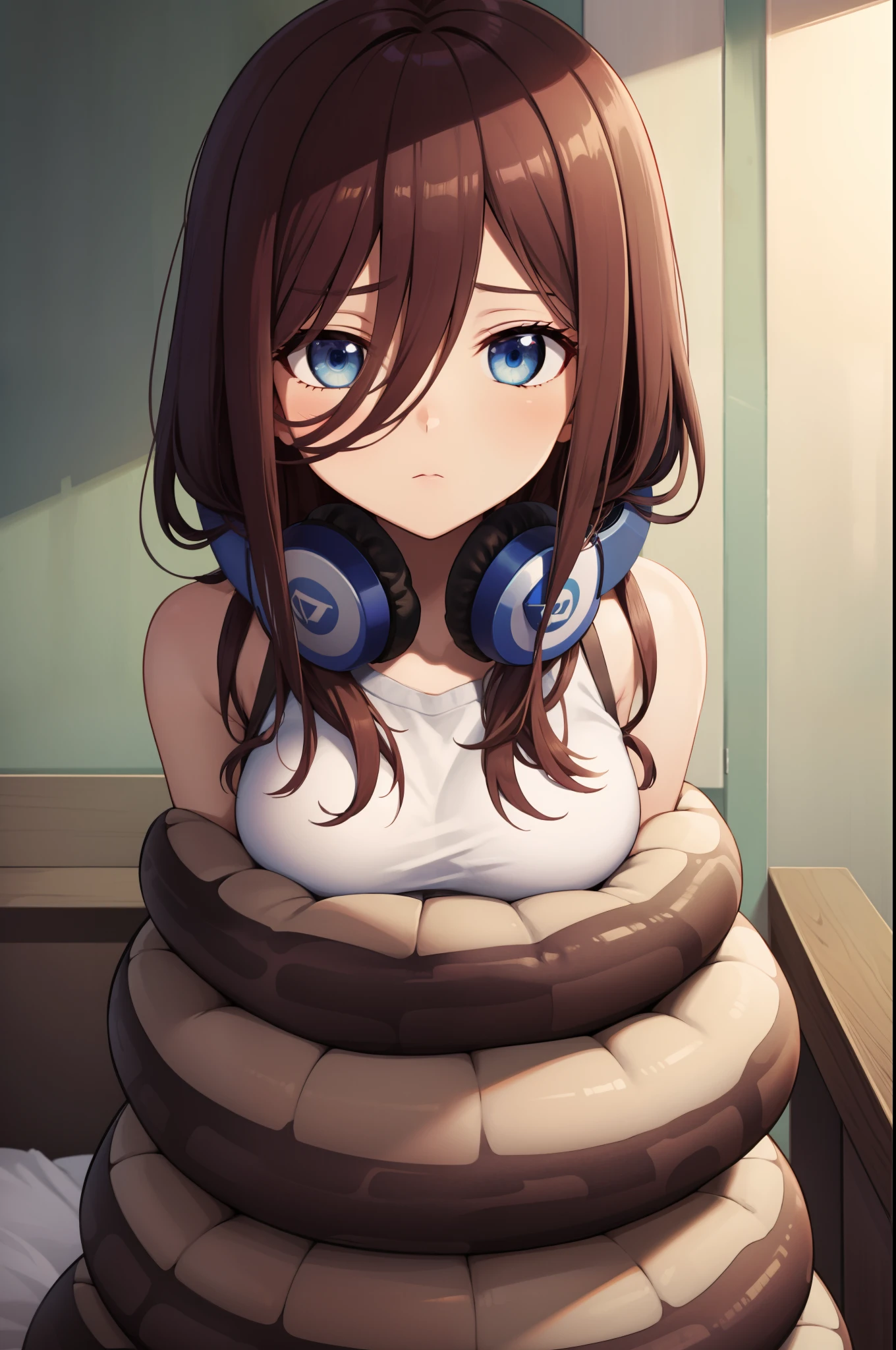 coils, snake, 1girl, solo, miku nakano, long hair, bangs, blue eyes, brown hair, hair between eyes, headphones, headphones around neck, bedroom,