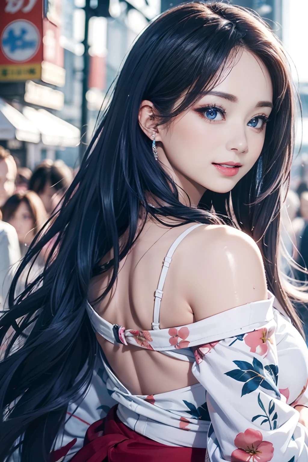 8K picture quality、top-quality、masutepiece、An ultra-high picture quality、ultra-detailliert、Ultra-realistic hair quality、Vibrant colors、Beautuful Women、Beautiful long hair、Shiny hair、detailed hairs、blue hairs、poneyTail、Blue eyes、shinny skin、Lace underwear、Very gigantic-breasts、Sweat on the forehead and cheeks、extremely big ass、Fluffy off-shoulder yukata、A smile、soft pink lips、Ultra-realistic flesh feeling、Red cheeks、summer festival in background