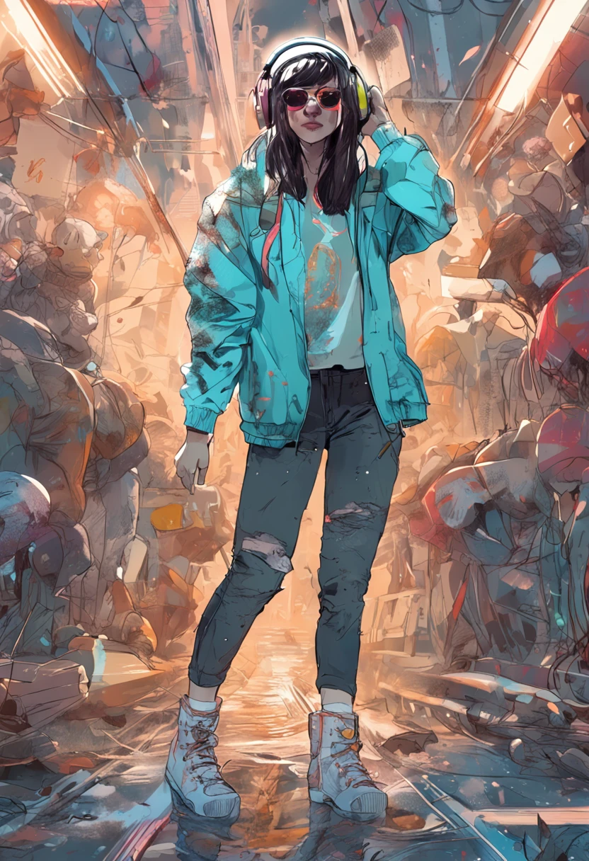 Perfect centering, Cute bear, Wear a student team jacket, Wearing sunglasses, Wearing headphones, cheerfulness, Standing position, Abstract beauty, Centered, Looking at the camera, Facing the camera, Approaching perfection, Dynamic, Highly detailed, Smooth, Sharp Focus, 8K, hight resolution, Illustration, art by carne griffiths and wadim kashin, White background