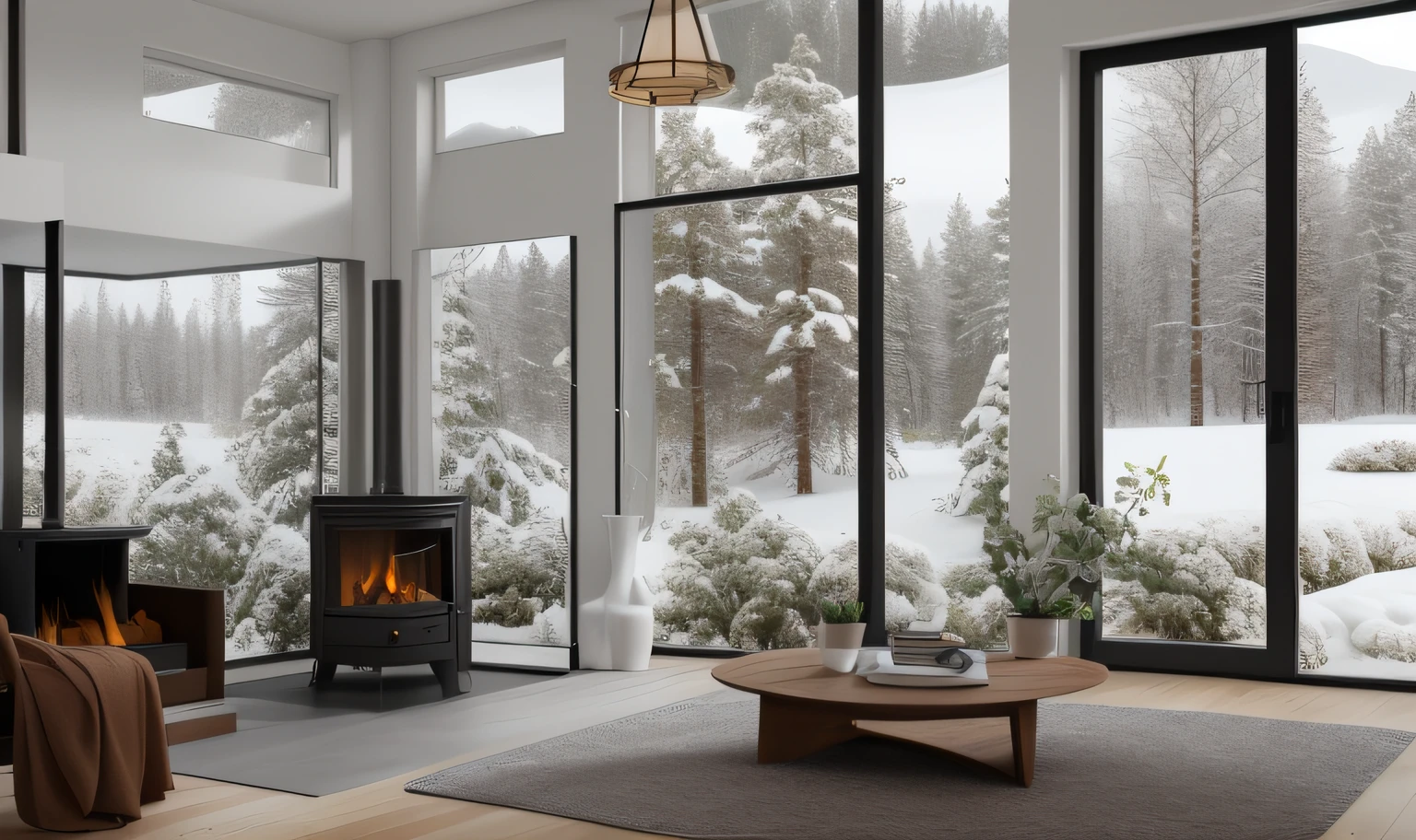 Alafid view of the living room with fireplace and sofa, warm interior, cosy atmoshpere, scenic full shot, an award winning digital render, warm interior, modern minimalist f 2 0 clean, modern minimalist f 2 0, winter setting, warm features, warm space, a wide full shot, kaisa, aurora, placed in a large living room