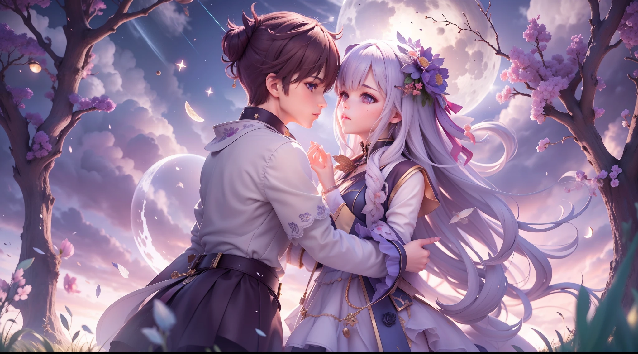 Expansive photos，（look from down，Above is the sky，Below are open fields），[(Anime images of men and women)+(Kiss together cutely in the wind)]，（moon full：0.9），（meteors：0.9），（Starcloud：1.3），Far Mountain, Tree BREAK making art，（Warm light source：1.2），Lots of purple and orange，Complicated details，Volumetric lighting BREAK（tmasterpiece：1.2），（best qualtiy），4k，ultra - detailed，（dynamic compositions：1.4），detail-rich，plethora of colors，（with light glowing，Atmospheric lighting），dream magical，magical。
