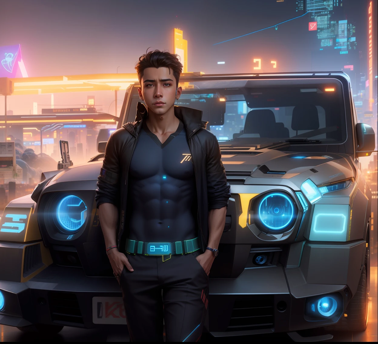 Handsome boy stand in front of thar in.          Cyberpunk city realistic face ,8k ultra HD,