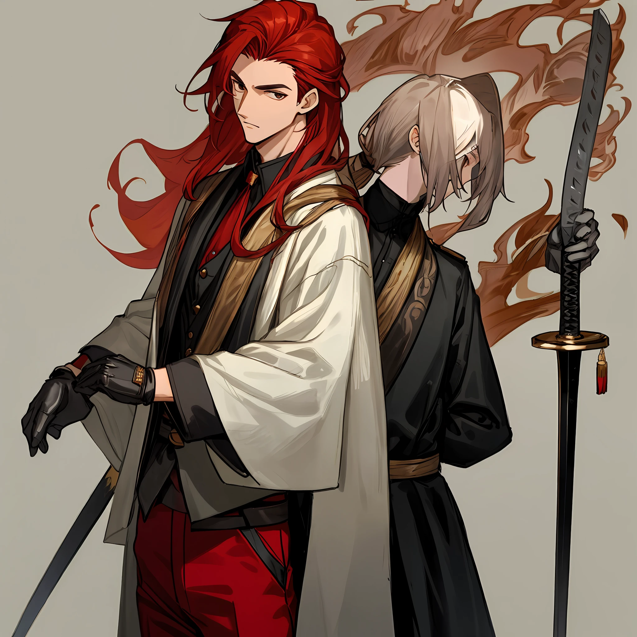 Red-haired, black-headed and handsome face,Slender figure,The upper body is strong,The fingers are well articulated,Long legs and longer hair,The human body dressing style looks very thin,But it's actually very meaty,Tall height,。Dressed in bronzed robes,A pair of red pants was wrapped around his waist,Bring a pair of thin black trousers,A long sword was pinned to his trouser leg,With a pair of black leather gloves