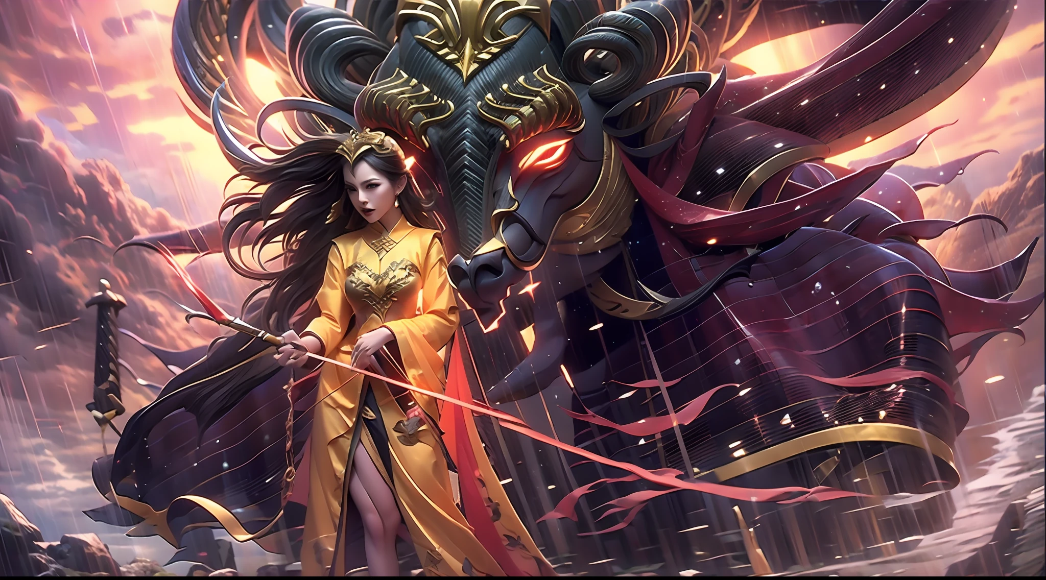 In this super grand scene，The wide-angle lens captures a striking picture。Two figures stand at opposite ends of the picture，The background is the collapse of heaven and earth，The lying corpses of the Heavenly Immortal Buddhas were as large as mountains, stretching across the void boundlessly，The golden sea of blood stretched to the sky，The Avenue of the Three Realms was broken，And in the boundless chaotic darkness。Above all，The figure of the weaver girl is graceful，Stand at this dark end，Like a blazing flame in the night，Like the goddess of darkness in a fairyland，Her presence exudes a majestic and majestic evil aura。She holds the Pauline lamp in her left hand，This is an artifact that symbolizes life and guardianship，The gentle glow of the lamp illuminates the cowherd，The right hand holds the heaven-opening axe，It was an ancient artifact that opened the world，The lines on the blade of the axe reveal ancient authority。There was fanaticism and determination in her eyes，As if a warrior in the dark，Do whatever it takes for some kind of goal，It seems to be an existence with endless wisdom。And across from her，It was the cowherd wearing a black robe，The black and yellow giant bull's head shadow stood behind him。This black scalper is huge，Carrying heavy history and strength。Its horns shone with a grim glow，It symbolizes an unshakable and firm will。His gaze is deep and powerful，As if it can penetrate the darkness，Find the light of hope。His battle robe fluttered in the wind，Reveals his bravery and determination。In front of it all，A thousand-square-foot high Magpie Bridge spans the void，Connecting darkness and light，It is a bridge beyond time and space built by countless hopes and loves incarnated as magpies。The Magpie Bridge emits a starry river，Like the last light between heaven and earth，A glimmer of hope for a world shrouded in destruction and darkness。The cowherd and the blackened seven fairies looked at each other and laughed，The eyes are full of tacit understanding and