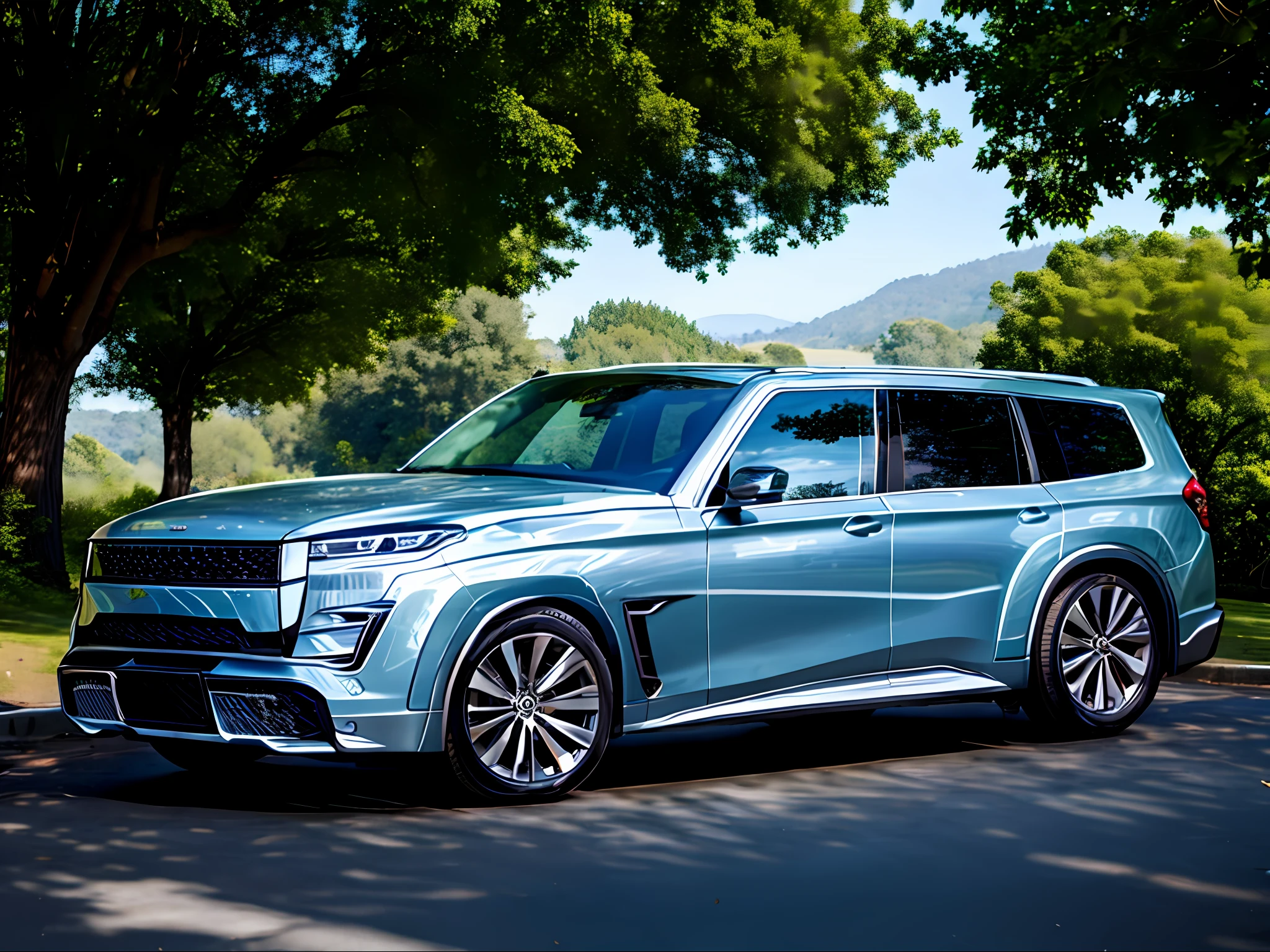 SUV,All-in-one medium grid, tmasterpiece, Best quality at best, high qulity, realistic scene, A high resolution, Sharp, on focus, 4K, Very detailed, Ray traching, Shadow dynamics, Light dynamics, forest backgrou,Excellent image quality,The body line is tough。Straight waistline。lots of trees around,earthy。Do not change the line。Line drawing refinement。