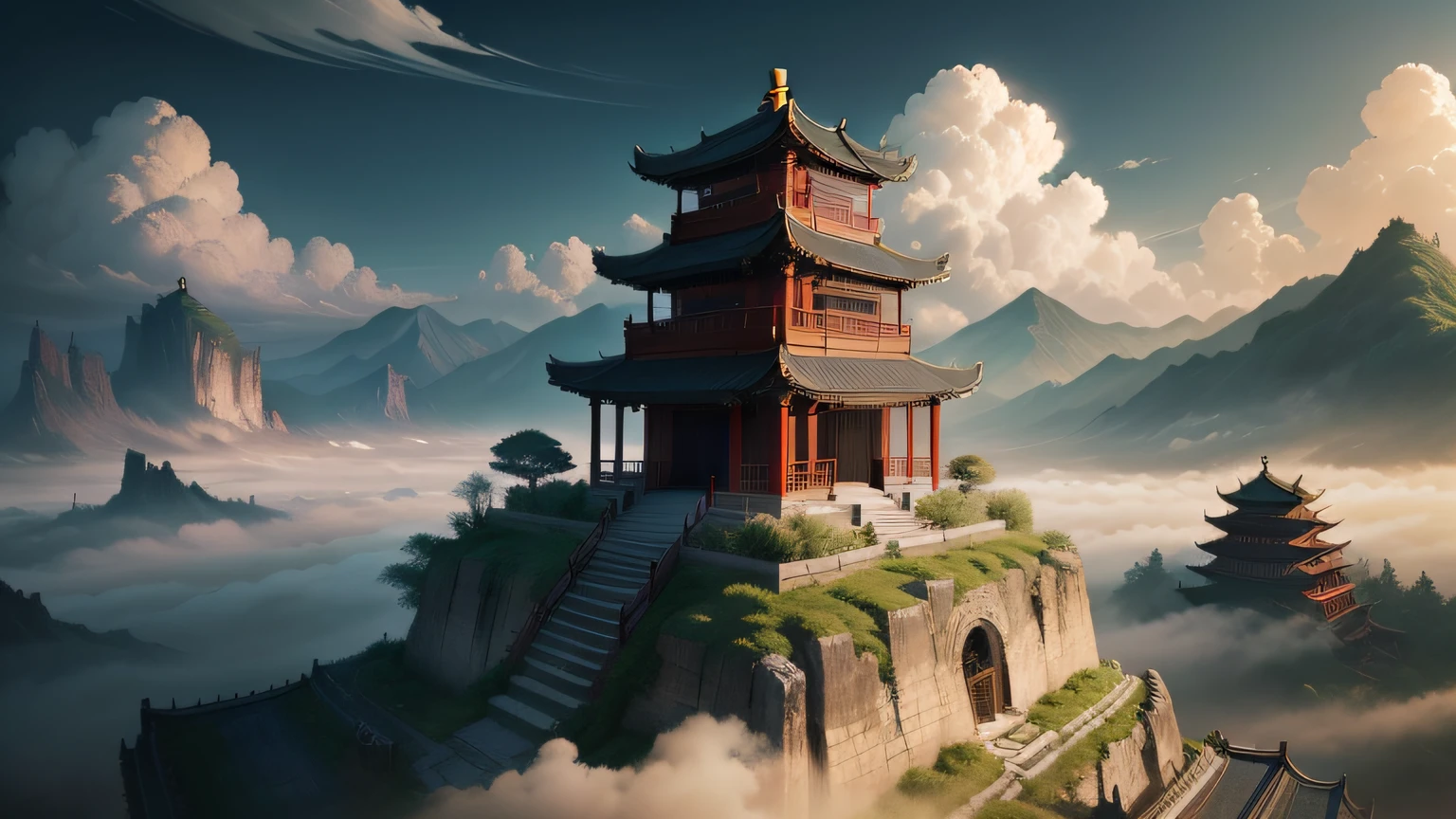 ancient wind,Chinese Ancient Architecture,Landscape ink painting,PC Wallpapers,surrounded by cloud,It's like a lonely picture。