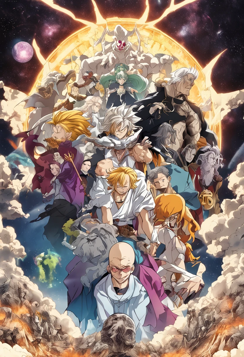 "Melyodas de l'anime 7 deadly sins, Cosmic view in the background, Evil aura, ailes noires dans le dos,".