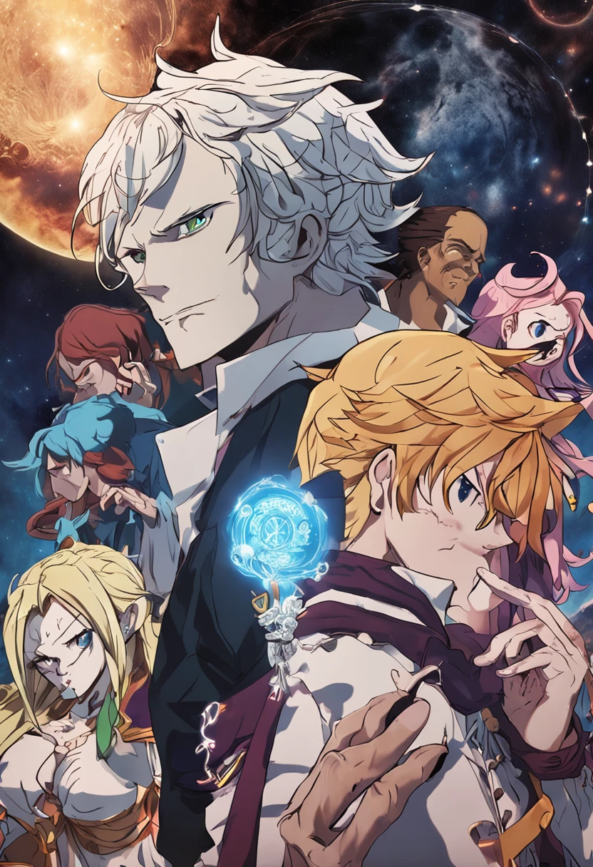 "Melyodas de l'anime 7 deadly sins, Cosmic view in the background, Evil aura, ailes noires dans le dos,".
