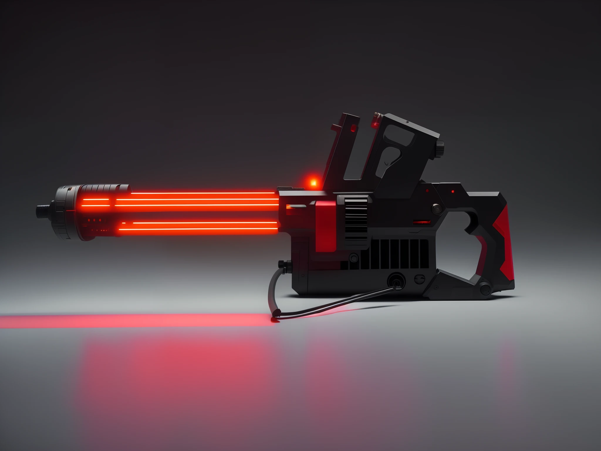A gun with a red light has a red light, sci - fi weapon, laser rifles, laser rifles, futuristic weapon, laser guns, futuristic gun, futuristic weapon shotgun, laser rifles, Laser cannon, firing laser rifle, Laser weapon, Plasma gun, laser guns, futuristic pistol