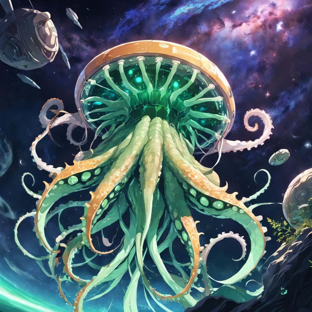 cephalopod, vivid green scaled tentacles, floating in space tentacles wrapped around a space station, deity of storms and chaos, masterpiece, Best Quality
