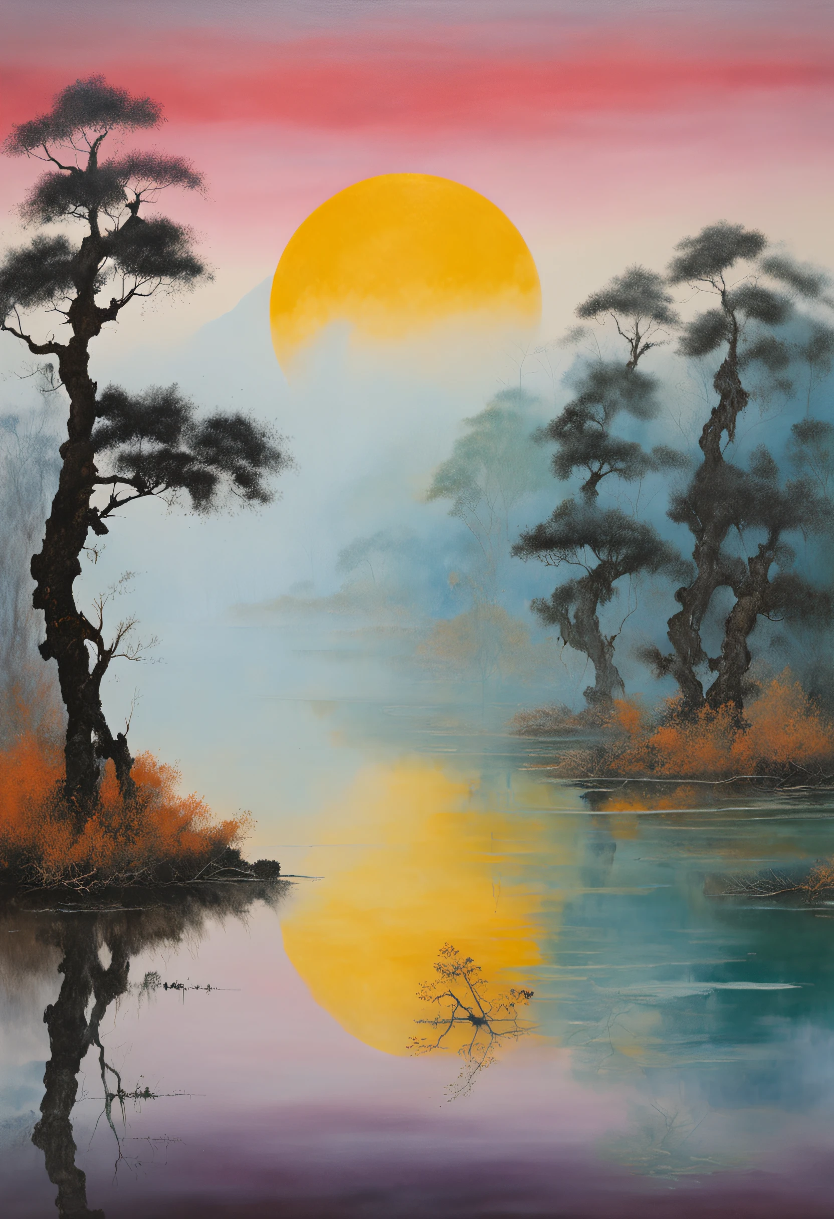 An ancient Chinese poet, at the lakes, The moon is reflected in the lake, misterious, Winters, nevando, pines, the night, in a Vast Tranquil Landscape, by Scarlett Hooft Graafland, in a Tranquil Landscape, Sergei Zabelin, by Fei Danxu, photo shoot, hyper realisitc, Chinese aesthetics, ink and watercolor painting, abstract nature landscape, ethereal landscape, abstract landscape, vivid abstract landscape, blurred and dreamy illustration, dreamy landscape, serene landscape, layered fog, detailed scenery —width 672, a surreal dream landscape, dream landscape, surreal landscape, Minimalist