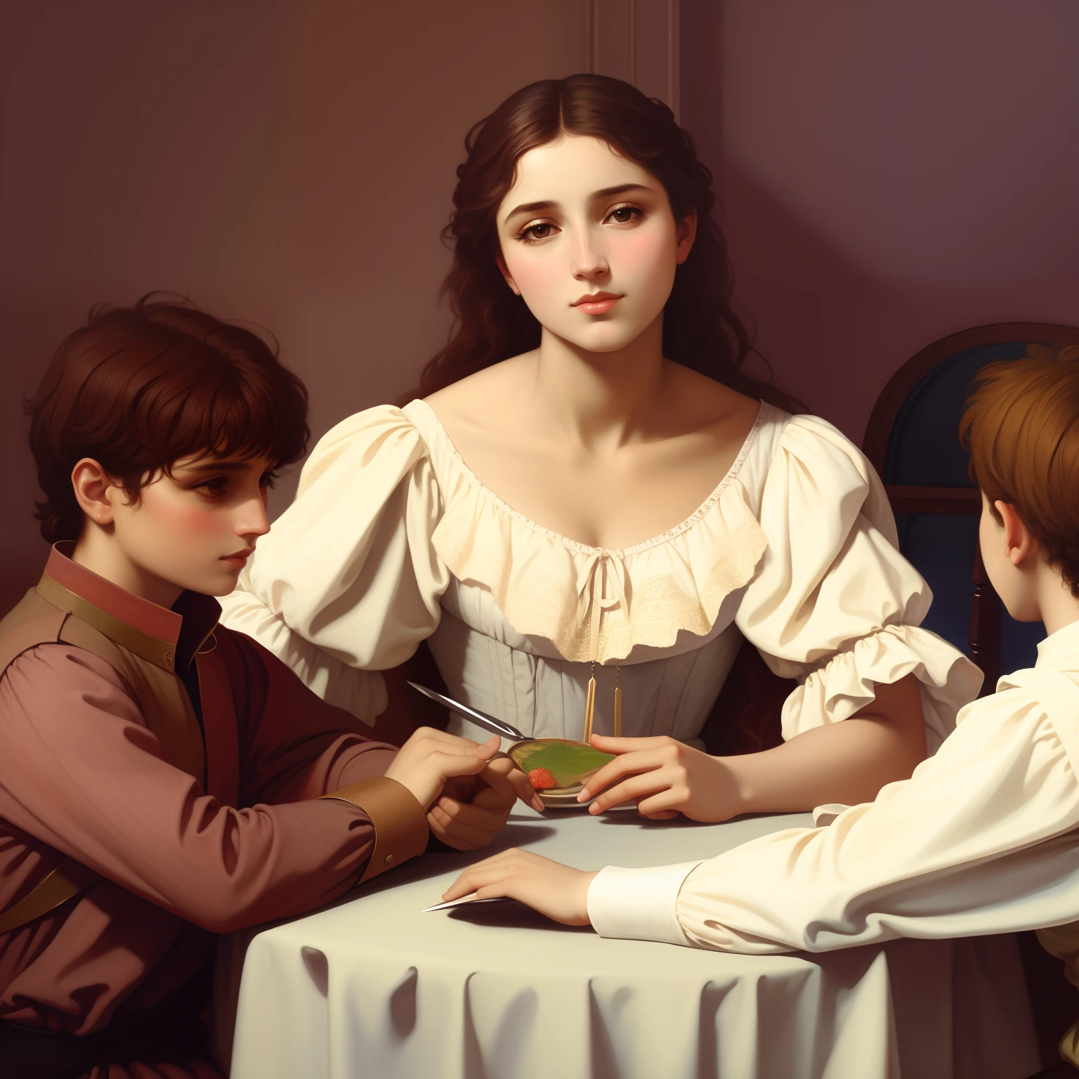 There are three children sitting at the table with a woman, inspirado em Francesco Hayez, inspirado em William-Adolphe Bouguereau, inspired by Théodore Chassériau, inspirado em Pierre Auguste Cot, Lois van Baarle e Bouguereau, kramskoi 4 mil, inspirado em Ivan Kramskoi, inspirado em Alexandre Cabanel