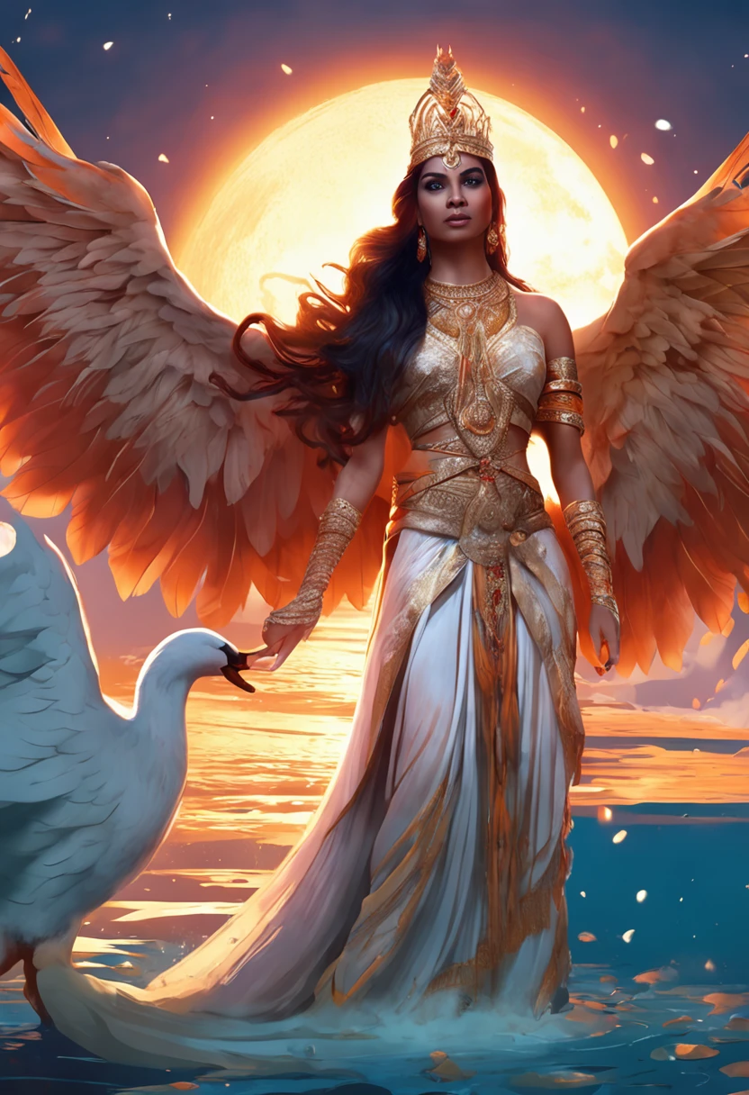 Fantasy Art, Full body ,8K resolution, Extremely beautiful, Goddess , swan, Sword, Full body, Swan Princess Indian Beauty