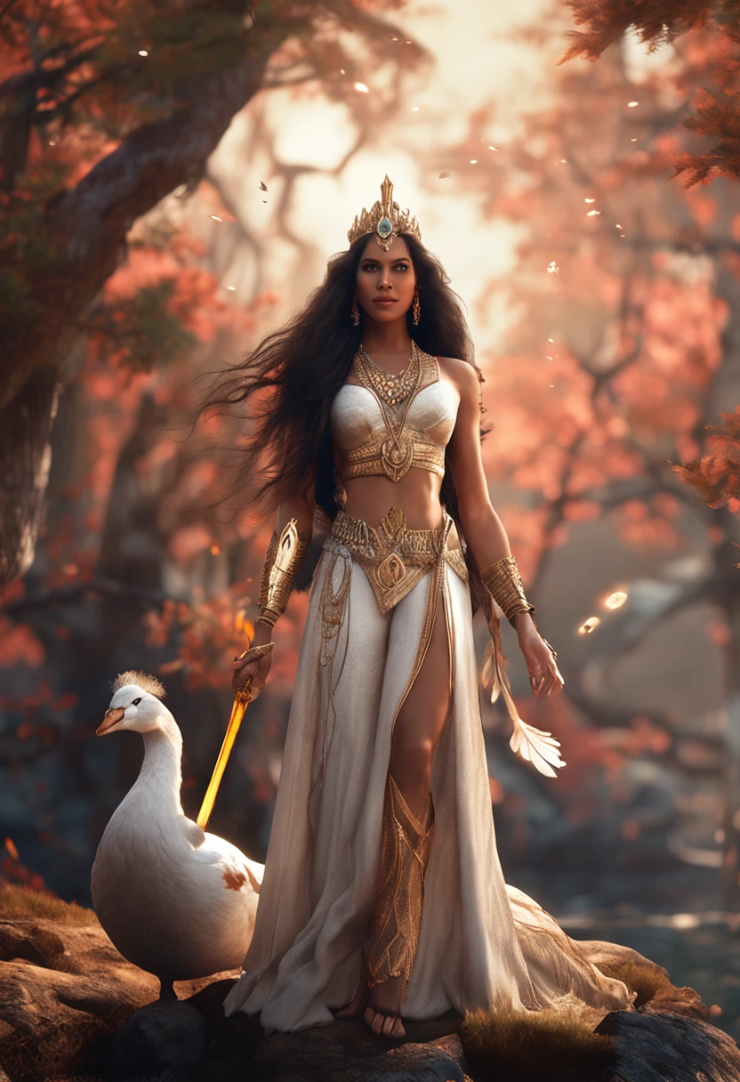 Fantasy Art, Full body ,8K resolution, Extremely beautiful, Goddess , swan, Sword, Full body, Swan Princess Indian Beauty